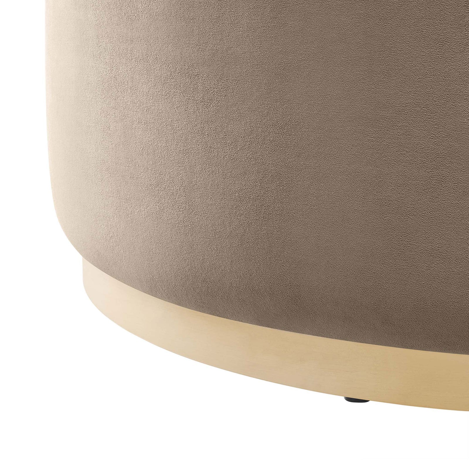 Smooth taupe upholstery meeting the natural wood plinth base on the round ottoman for a refined look || EEI-6650-TAU-NAT || leg_studio