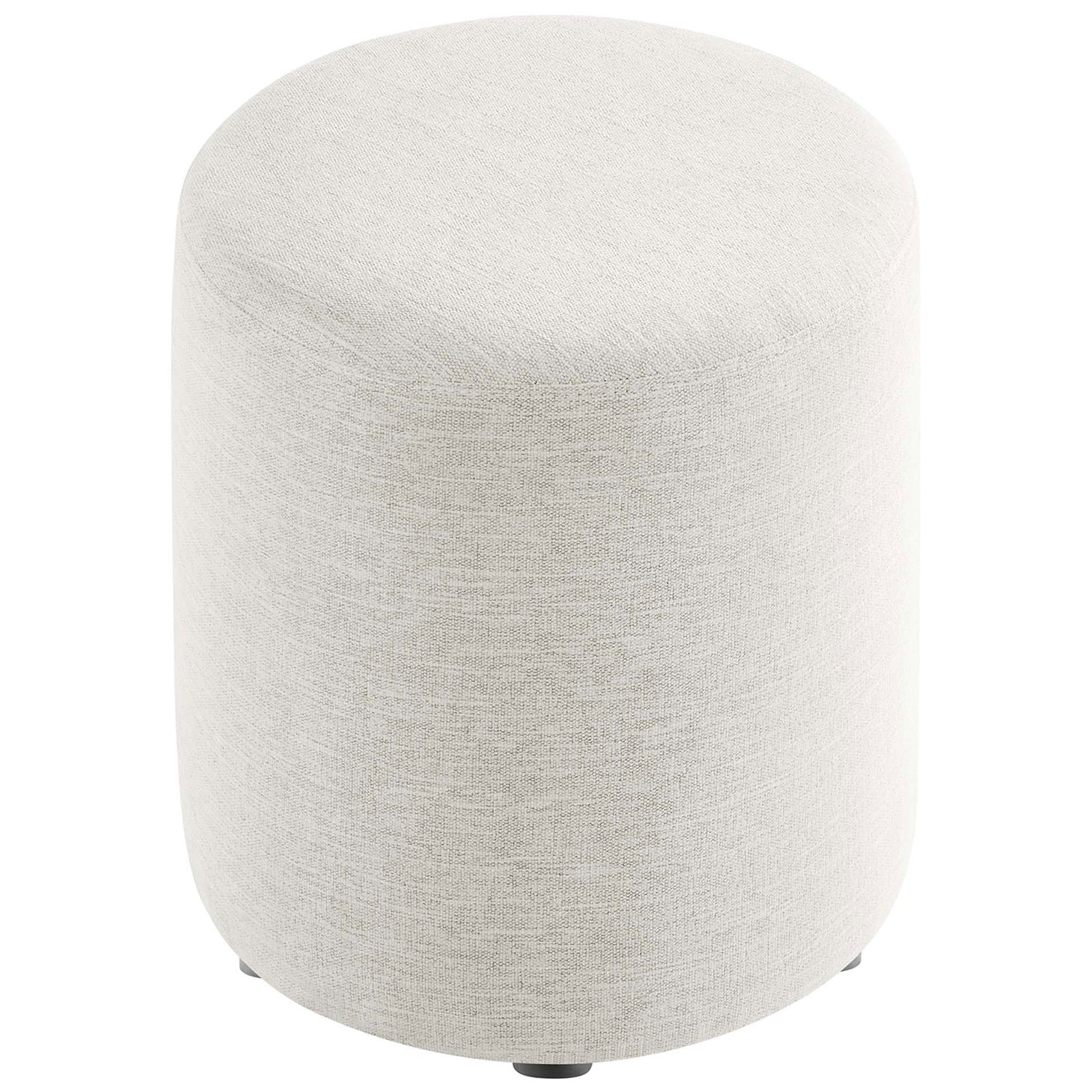 Plush round ottoman in heathered ivory upholstery doubles as a comfy seat or casual side table. || EEI-6651-HEI || top_angle_studio