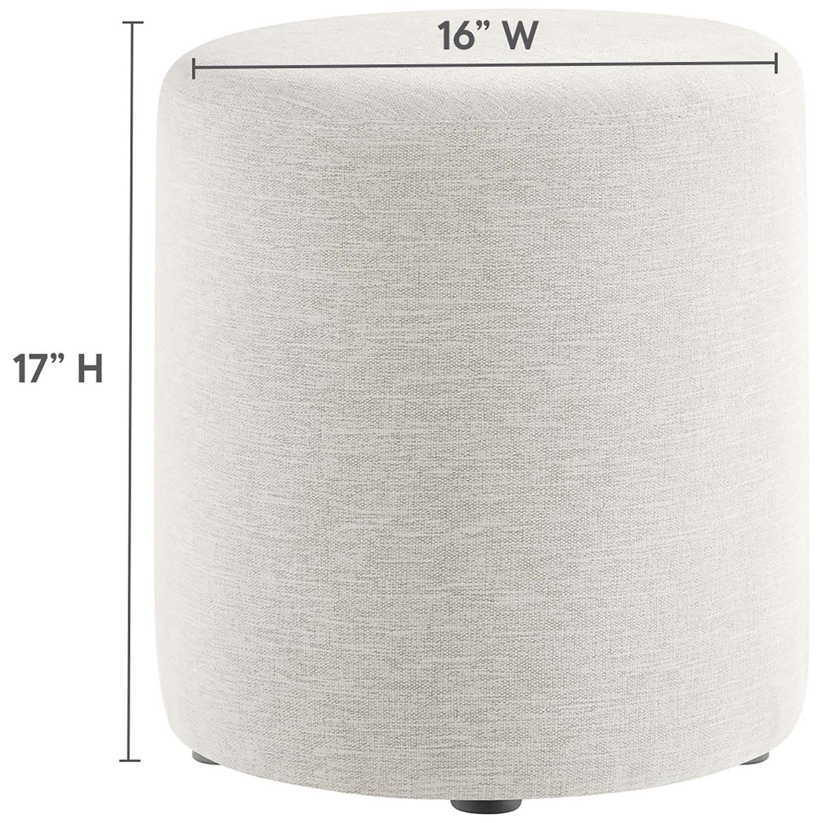 Round ottoman in heathered ivory upholstery shown with clear 16 inch by 17 inch dimension markers. || EEI-6651-HEI || dimension_studio