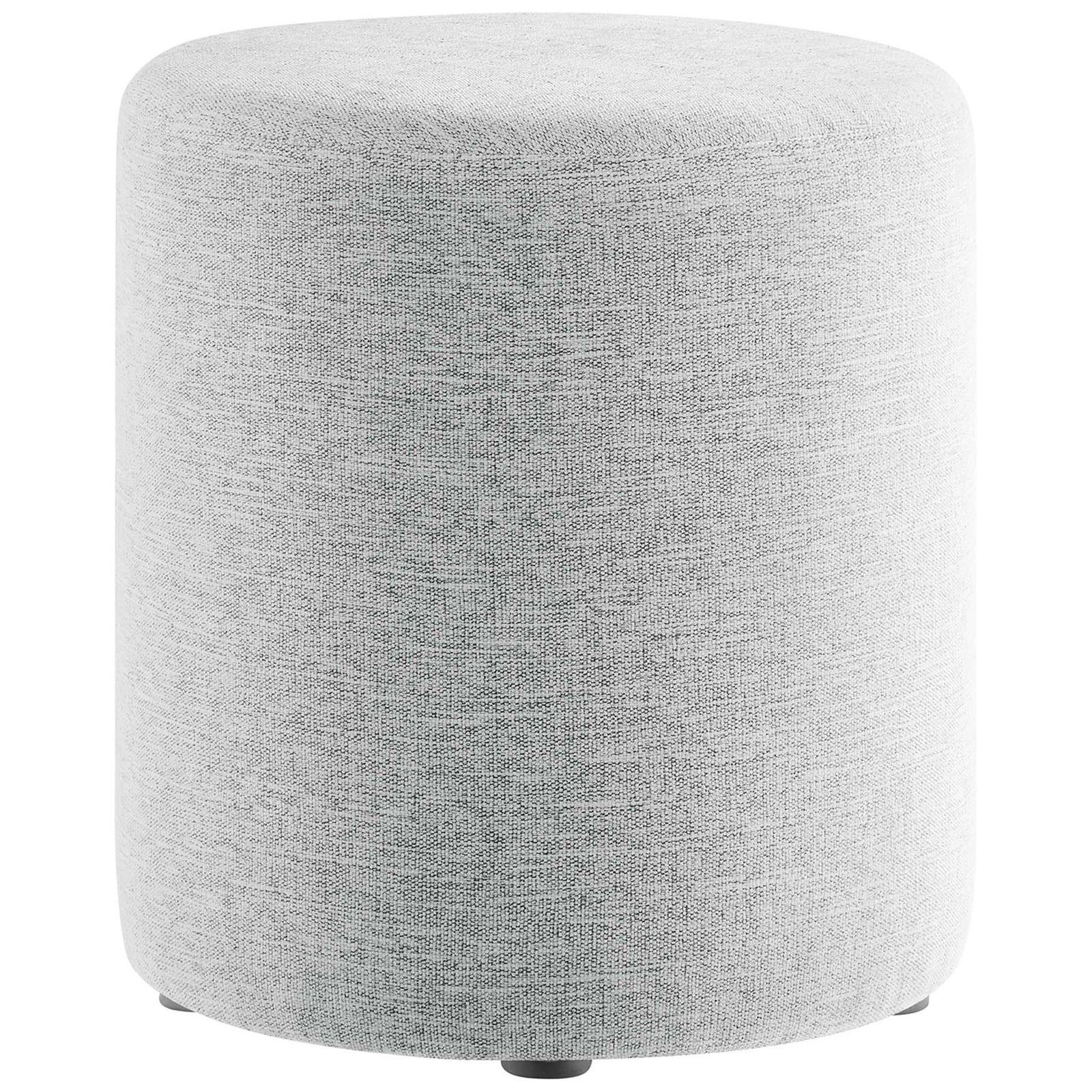 Light gray round ottoman with smooth cylindrical silhouette and low-profile black feet || EEI-6651-HLG || front_studio