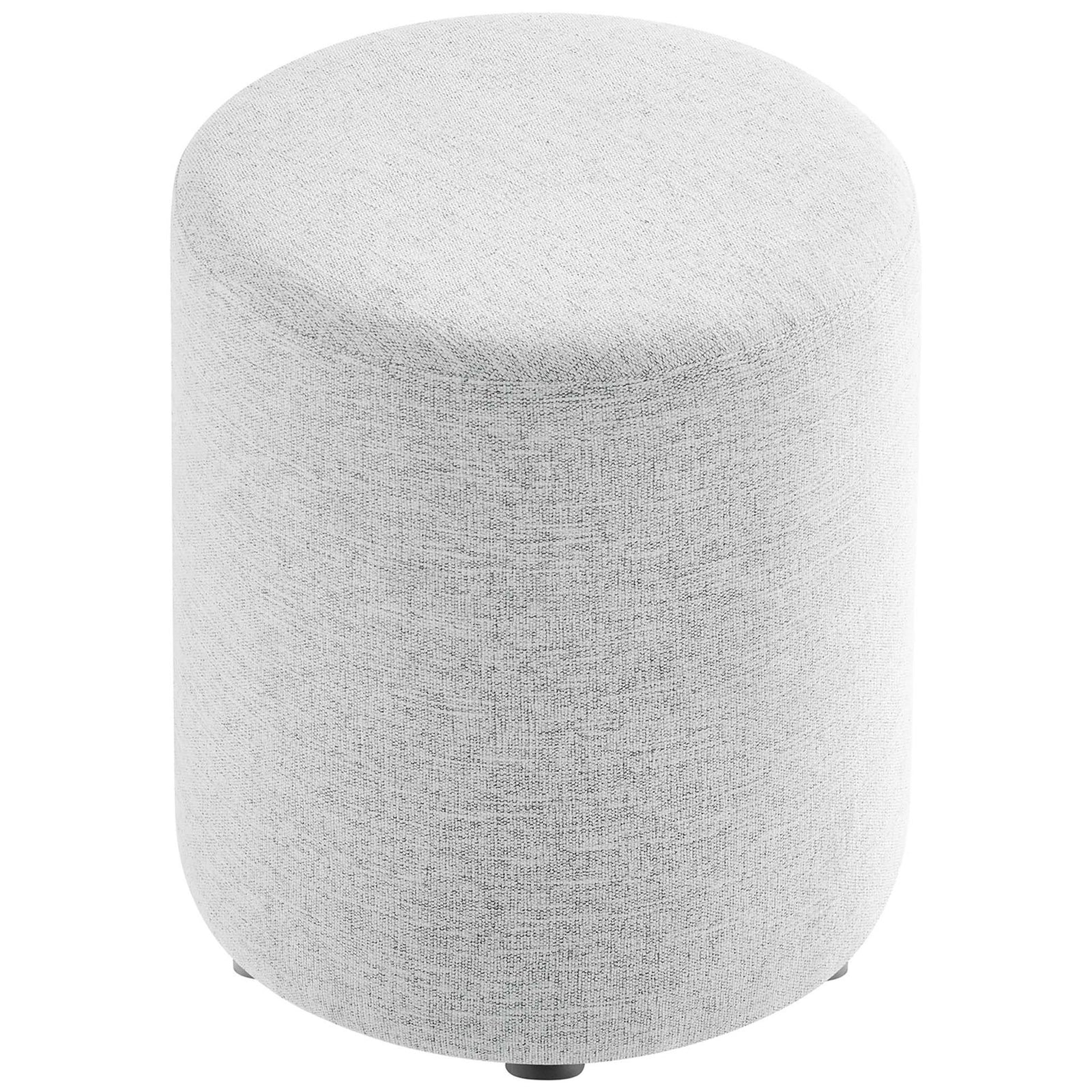 Compact heathered light gray round ottoman with cushioned seat and subtle curved edges || EEI-6651-HLG || top_angle_studio