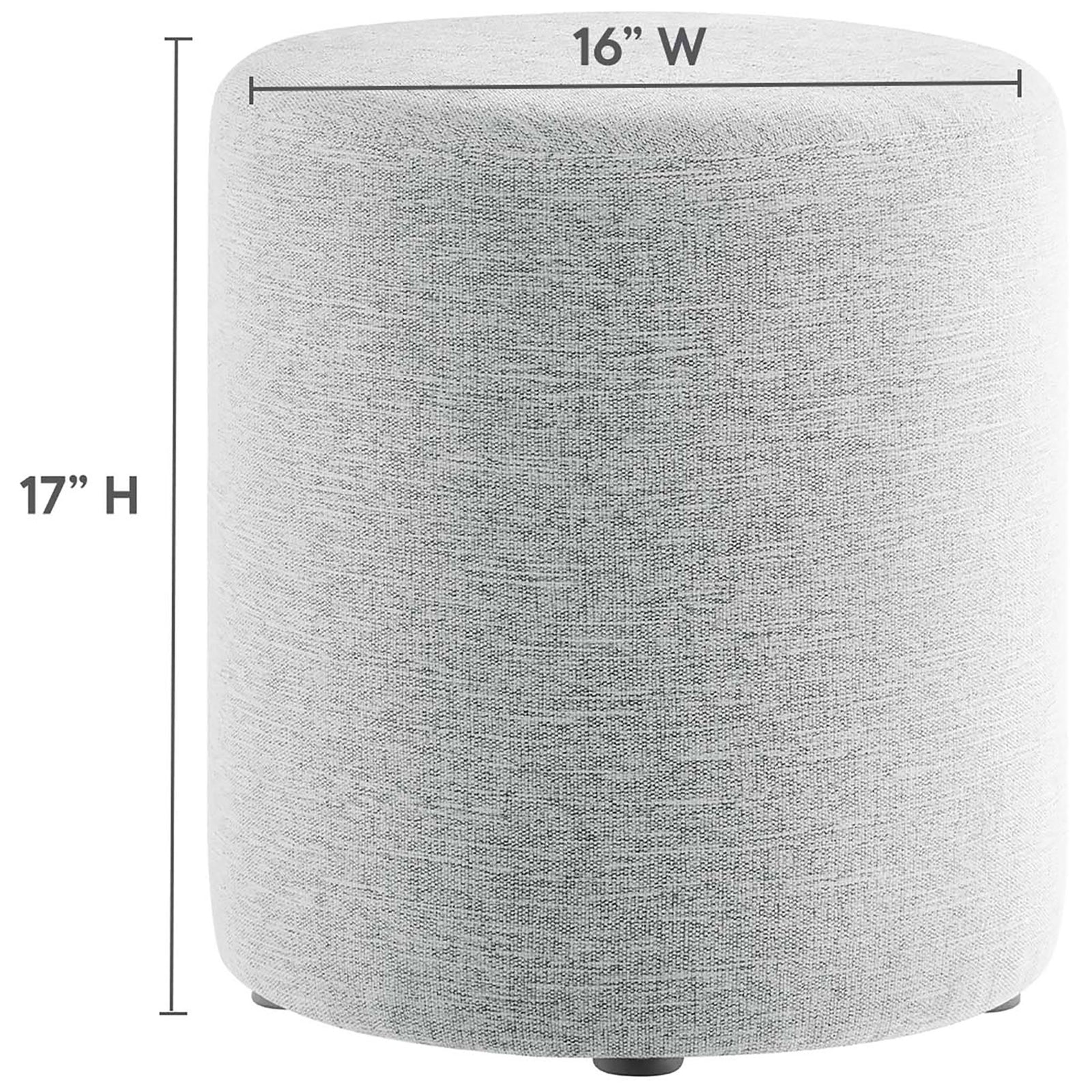 Round ottoman with measurements showing 16 inch width and 17 inch height for compact sizing || EEI-6651-HLG || dimension_studio