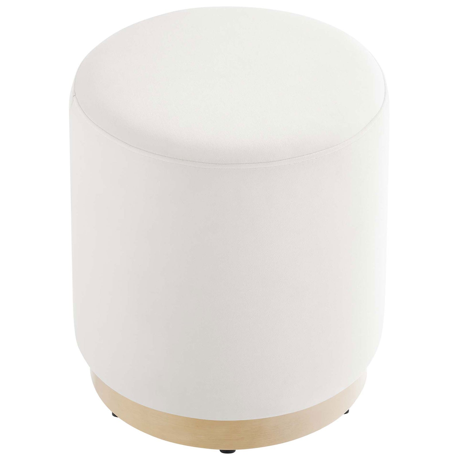 Compact round ottoman with plush cushioned seat in alabaster performance velvet upholstery || EEI-6652-ALA-NAT || top_angle_studio