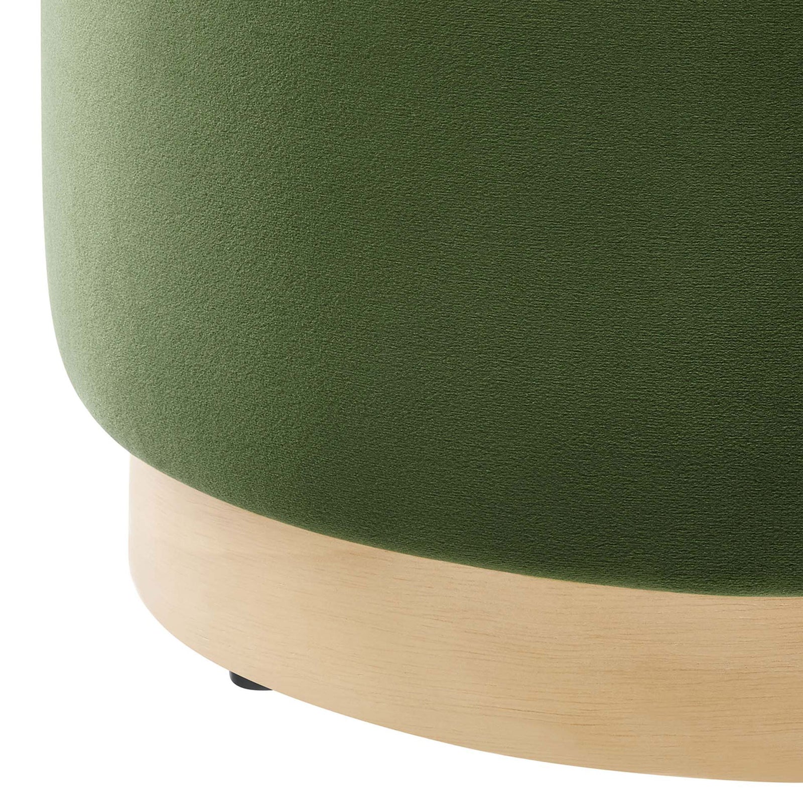 Closeup of moss green performance velvet and natural wood base detailing on the ottoman || EEI-6652-MOG-NAT || detail_studio