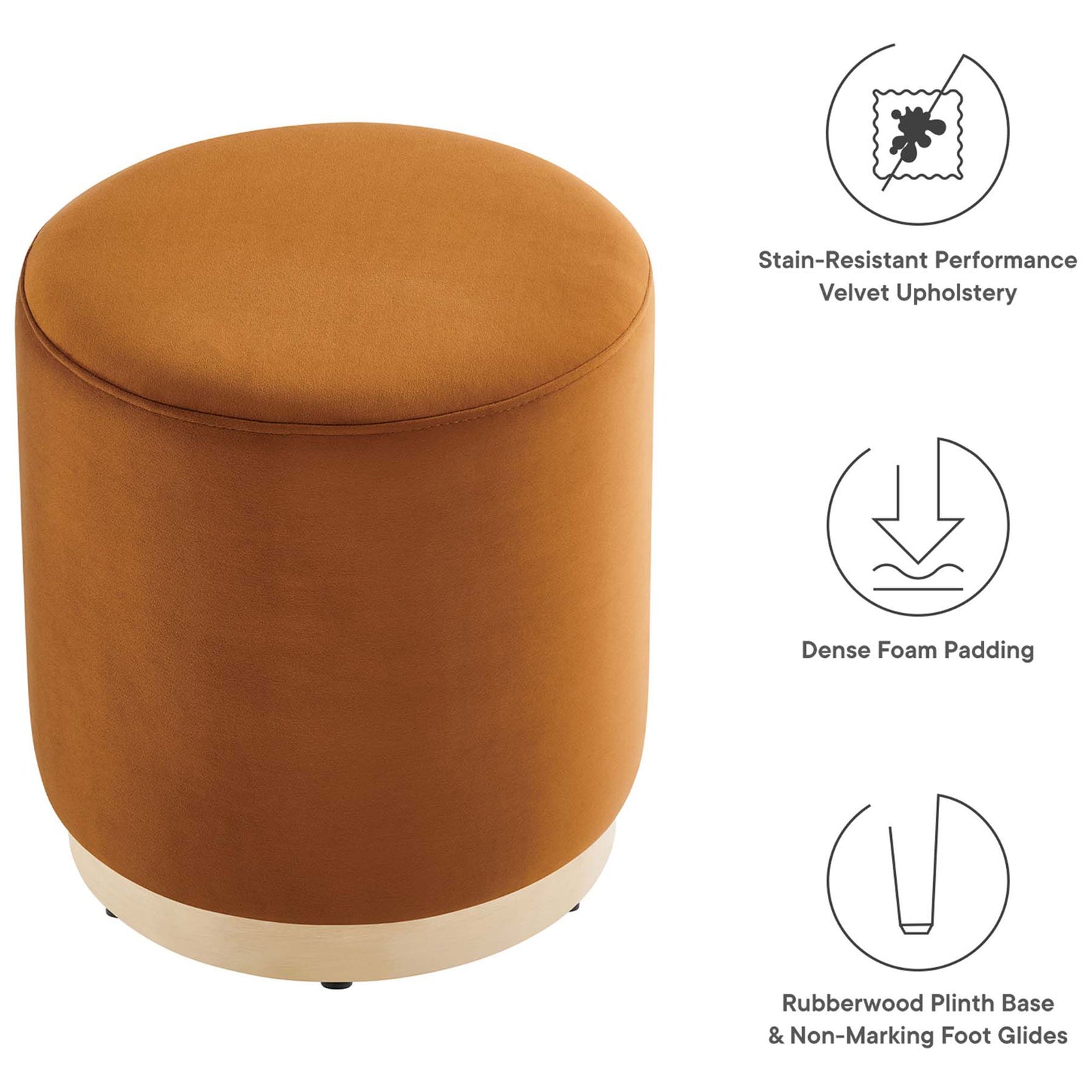 Performance velvet ottoman with dense foam seat, stain-resistant fabric, and a rubberwood plinth base with floor glides || EEI-6652-RUS-NAT || callout_studio