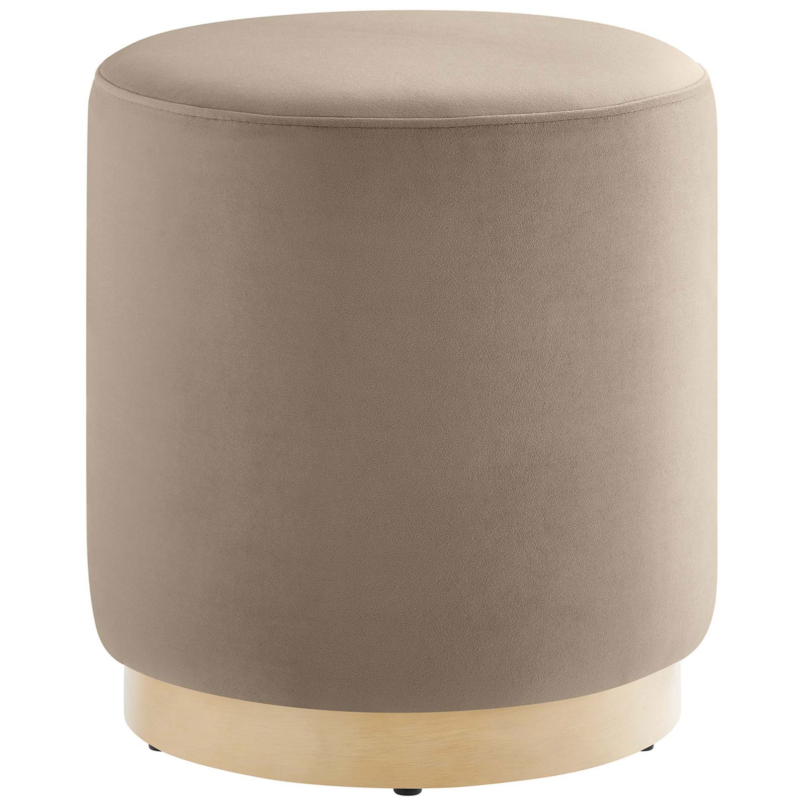 Taupe performance velvet round ottoman with sleek rubberwood plinth base for modern seating or footrest || EEI-6652-TAU-NAT || front_angle_studio