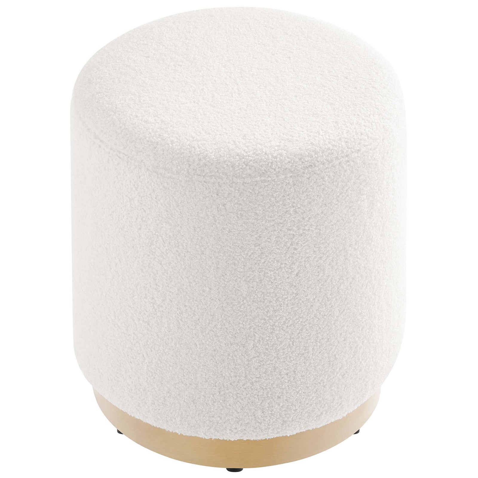 Plush sherpa ottoman showcases its generously cushioned round seat in soft ivory upholstery || EEI-6653-IVO-NAT || top_angle_studio