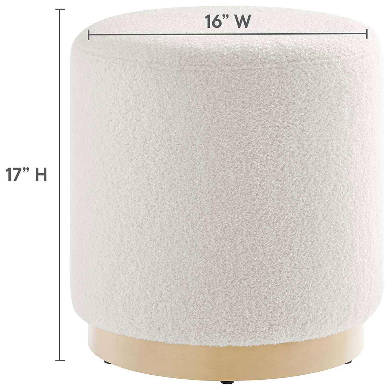 Compact round ottoman measures 16 inches wide by 17 inches high for versatile placement in small spaces || EEI-6653-IVO-NAT || dimension_studio