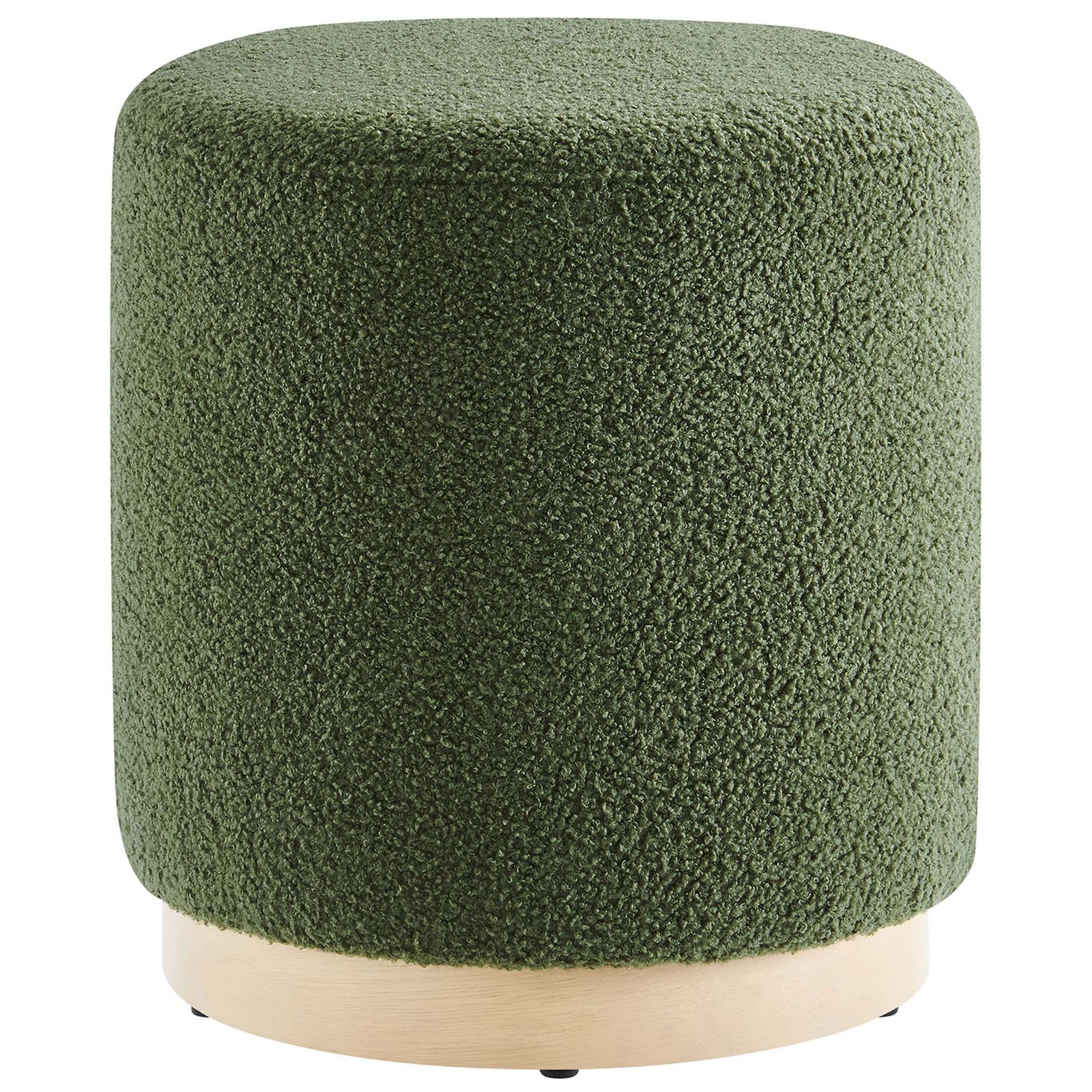 Moss green sherpa round ottoman with natural wood plinth base for cozy modern seating || EEI-6653-MOG-NAT || front_studio