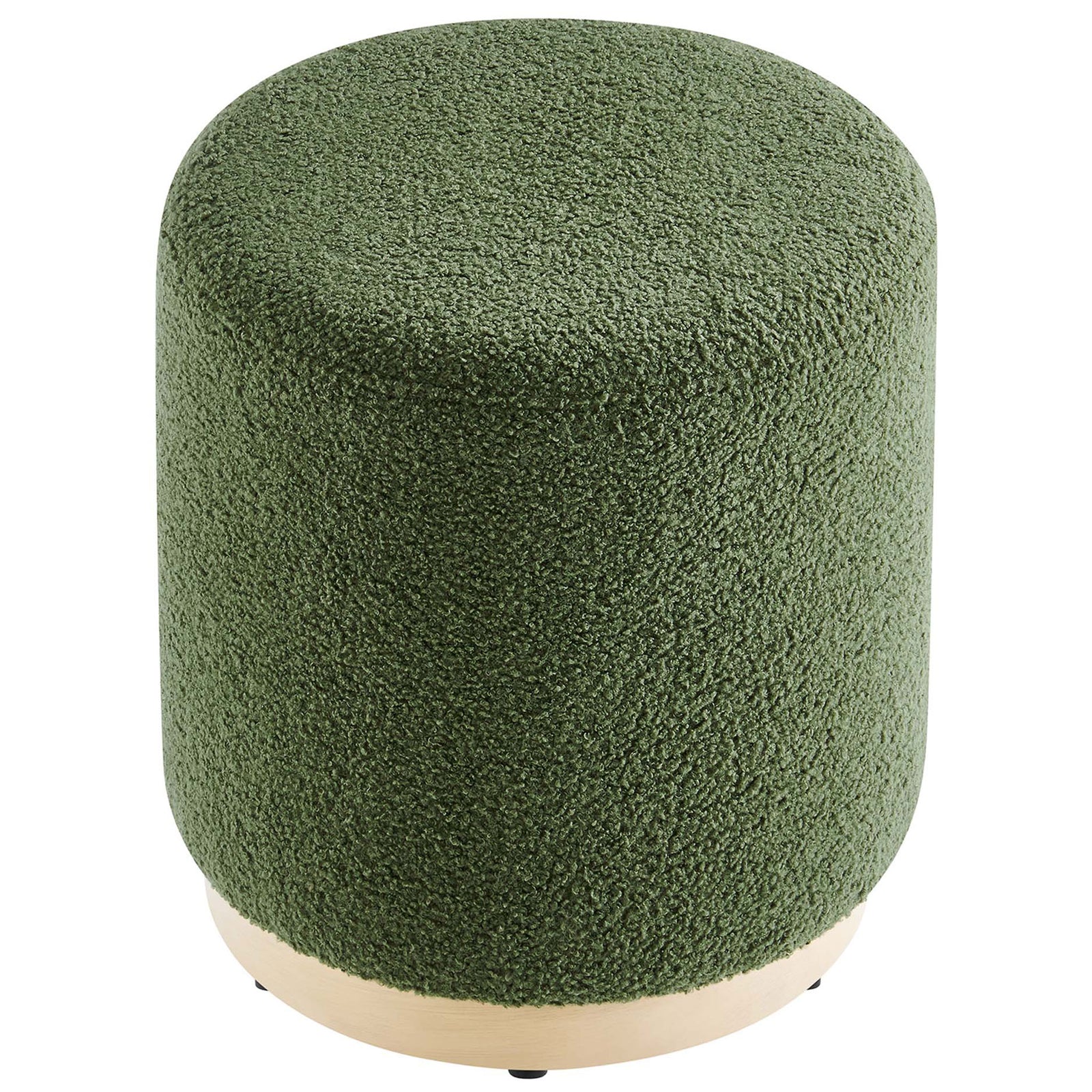 Overhead view of moss green sherpa ottoman showcasing its plush circular seat and smooth wood base || EEI-6653-MOG-NAT || top_angle_studio