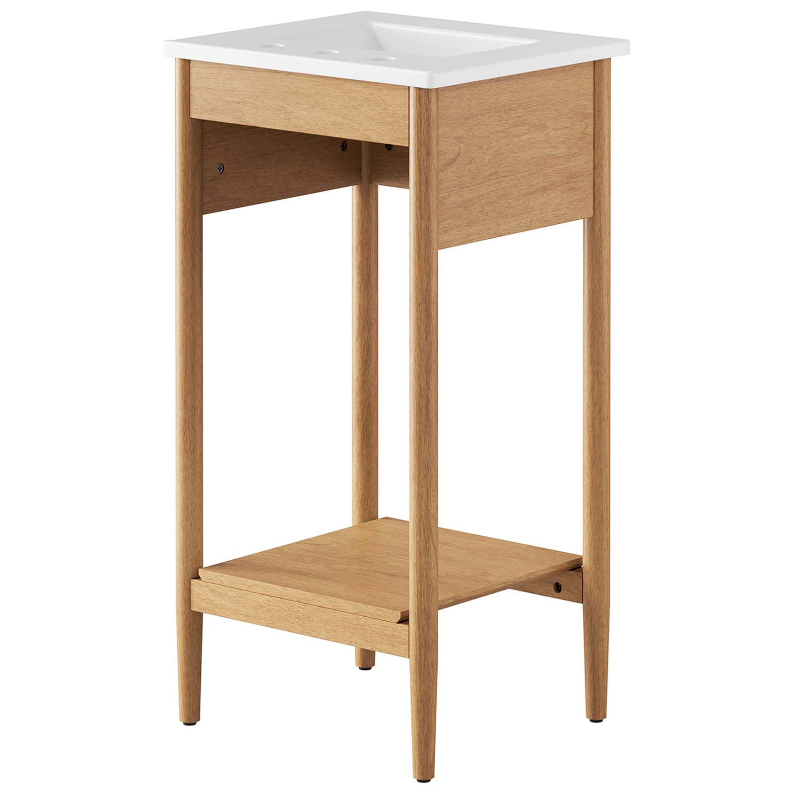 Open-back design allows easy plumbing access above a sturdy lower shelf and elegant wood frame. || EEI-6658-NAT-WHI || back_angle_studio