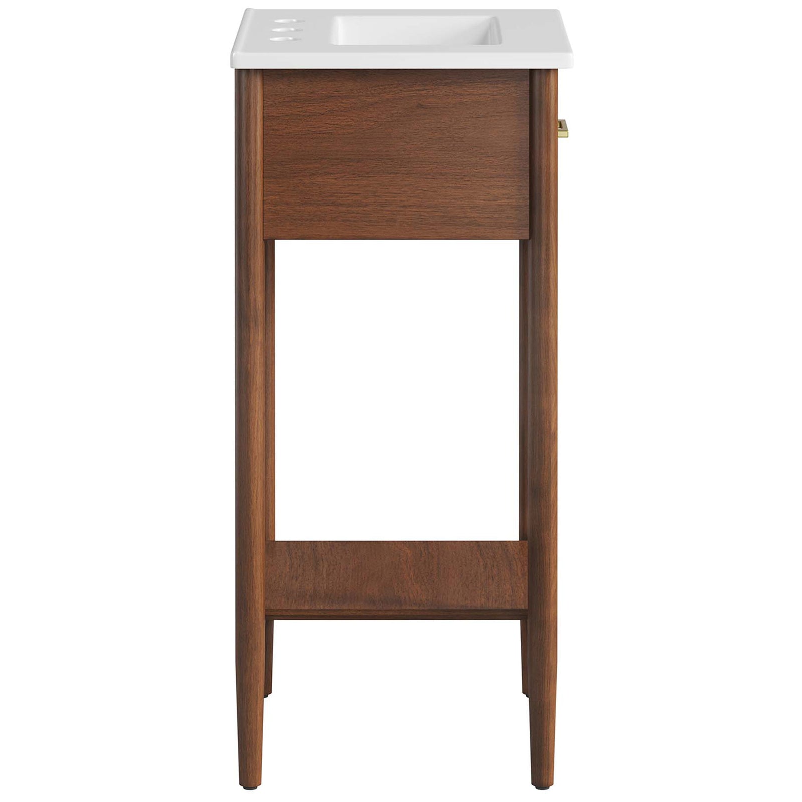 Slim profile vanity in walnut finish with integrated white sink and mid-century tapered legs || EEI-6658-WAL-WHI || side_studio