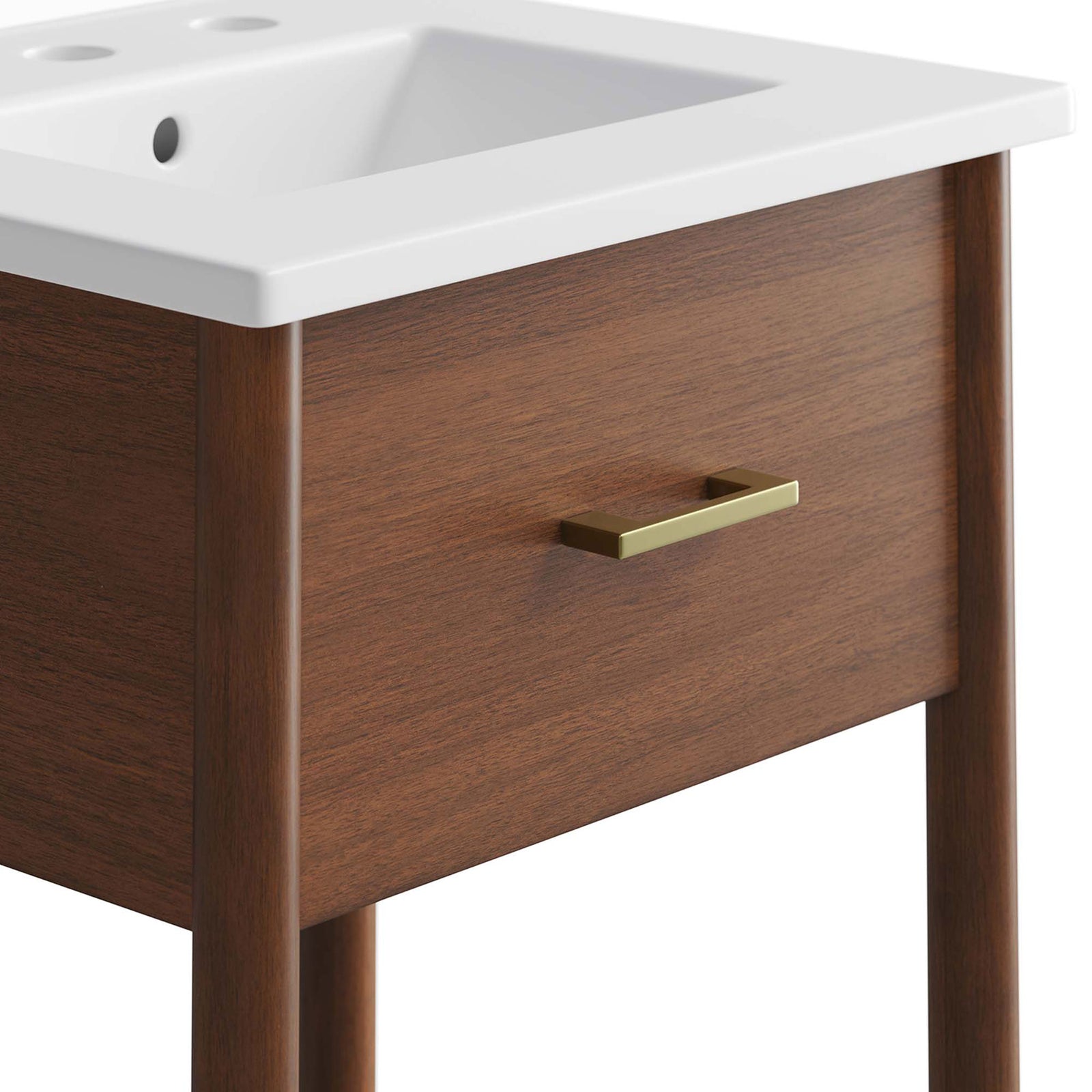Sleek metal pull on the fixed drawer over warm walnut wood grain || EEI-6658-WAL-WHI || handle_studio