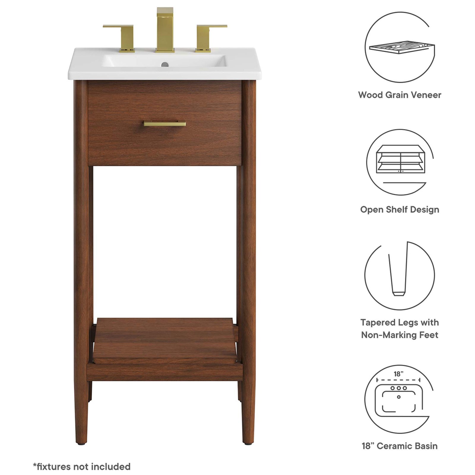 Key features highlighted: wood grain veneer, open shelf, tapered legs, ceramic basin || EEI-6658-WAL-WHI || callout_studio