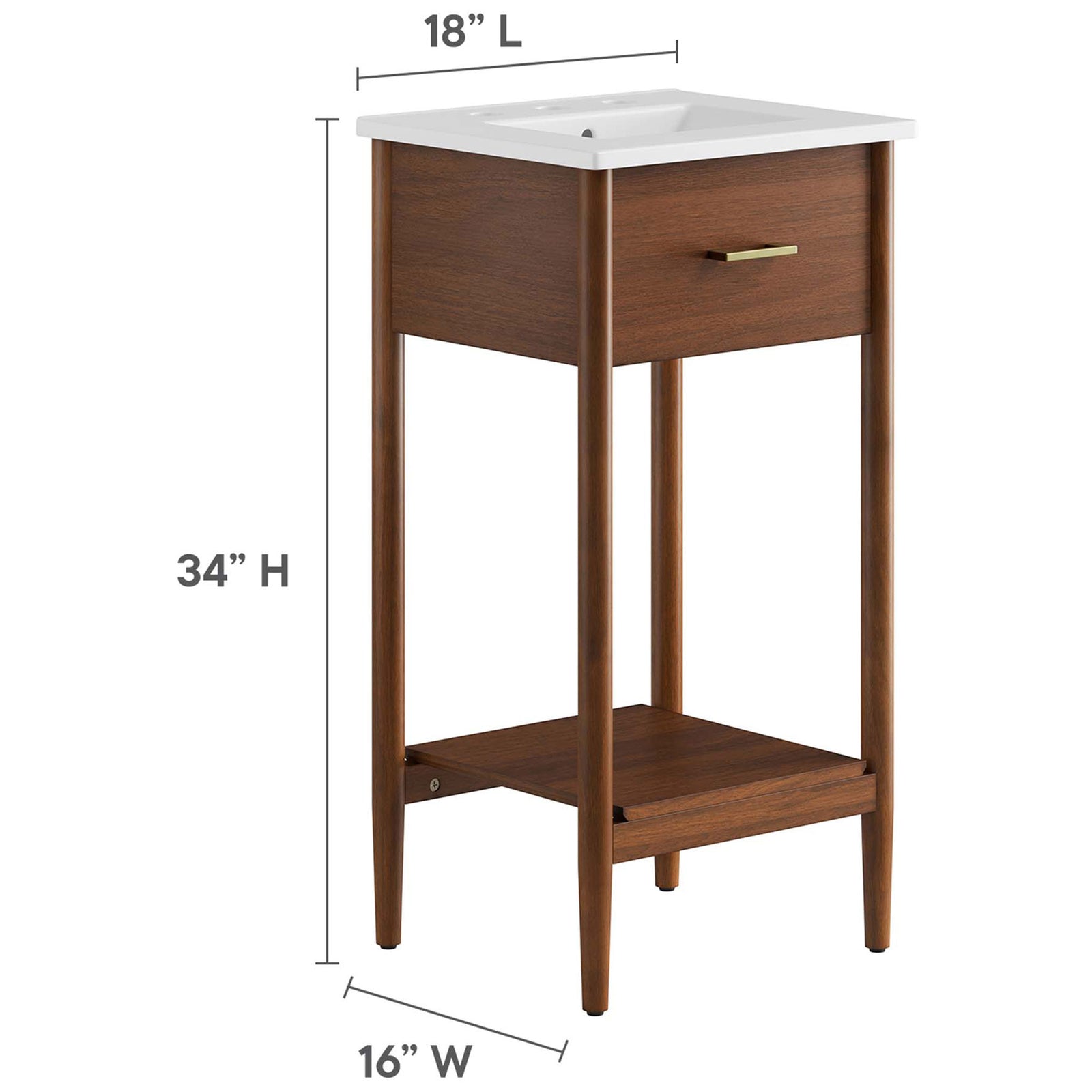 Vanity dimensions with 18 inch width, 16 inch depth, and 34 inch height shown || EEI-6658-WAL-WHI || dimension_studio