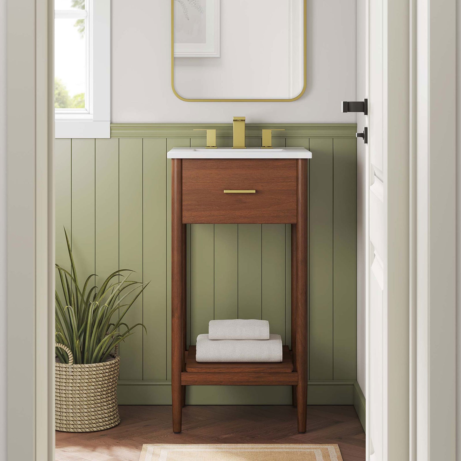 Space-saving walnut vanity with open shelf and white top styled in a cozy bathroom || EEI-6658-WAL-WHI || front_room