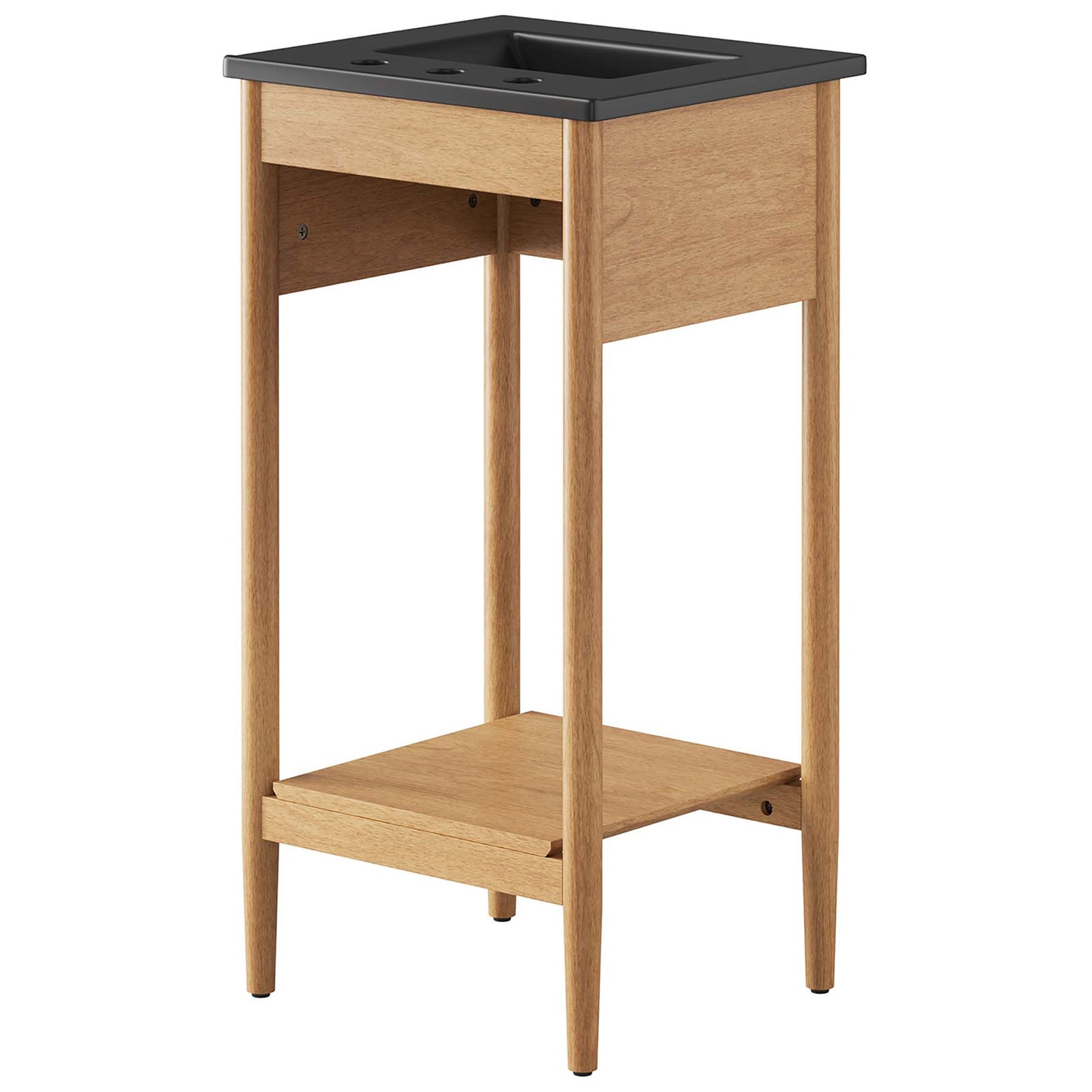 Rear view highlights the open back design and roomy lower shelf for towels or baskets. || EEI-6659-NAT-BLK || back_angle_studio