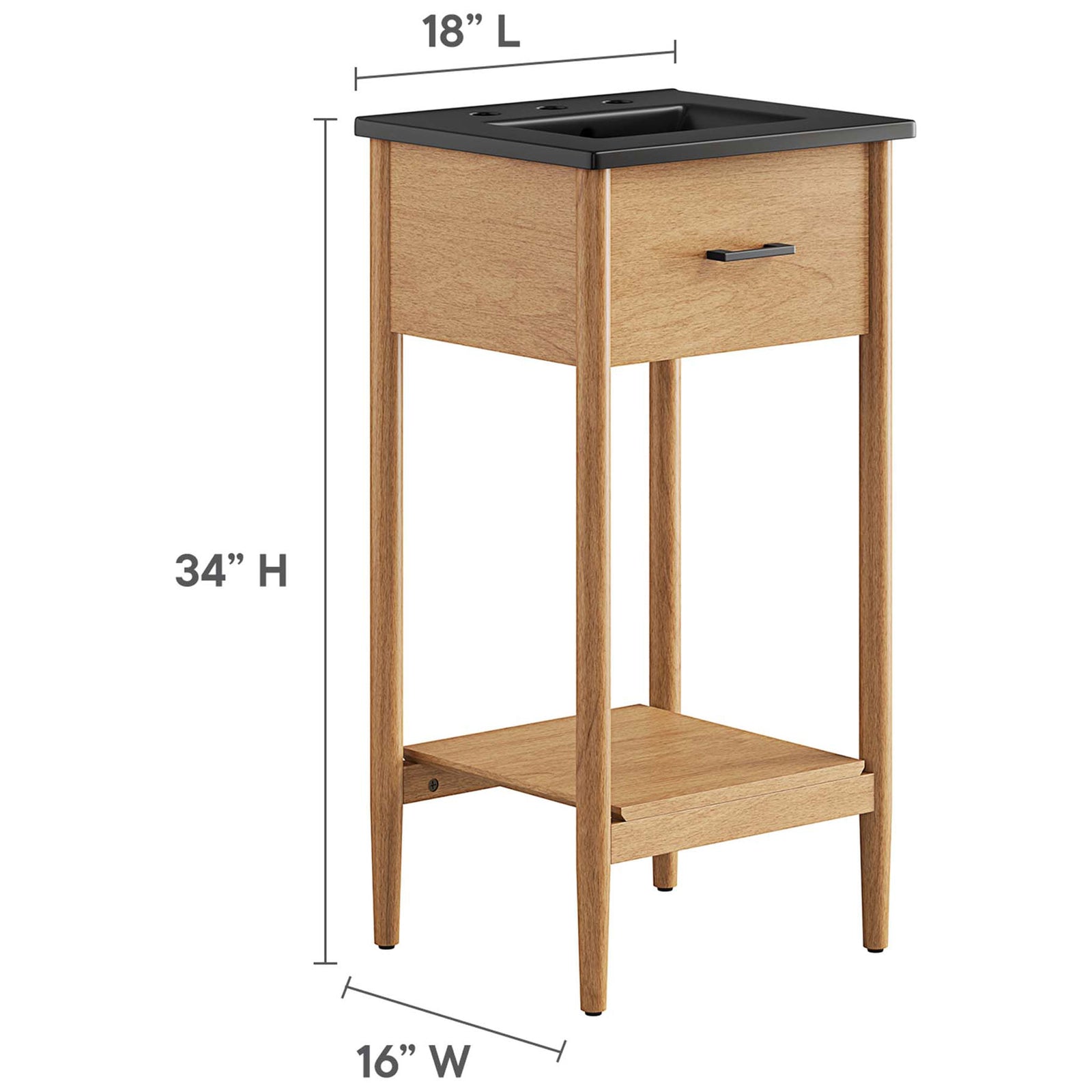Dimensions shown for compact footprint ideal for small bathrooms. || EEI-6659-NAT-BLK || dimension_studio