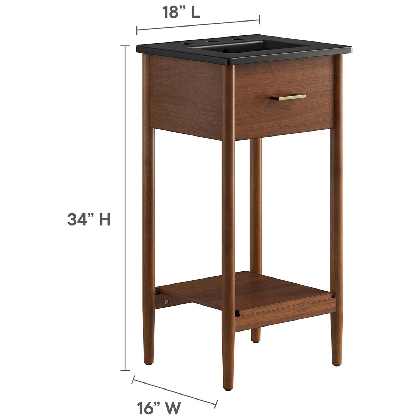 Space-saving 18-inch vanity offers a slim footprint with generous basin and handy open storage shelf. || EEI-6659-WAL-BLK || dimension_studio