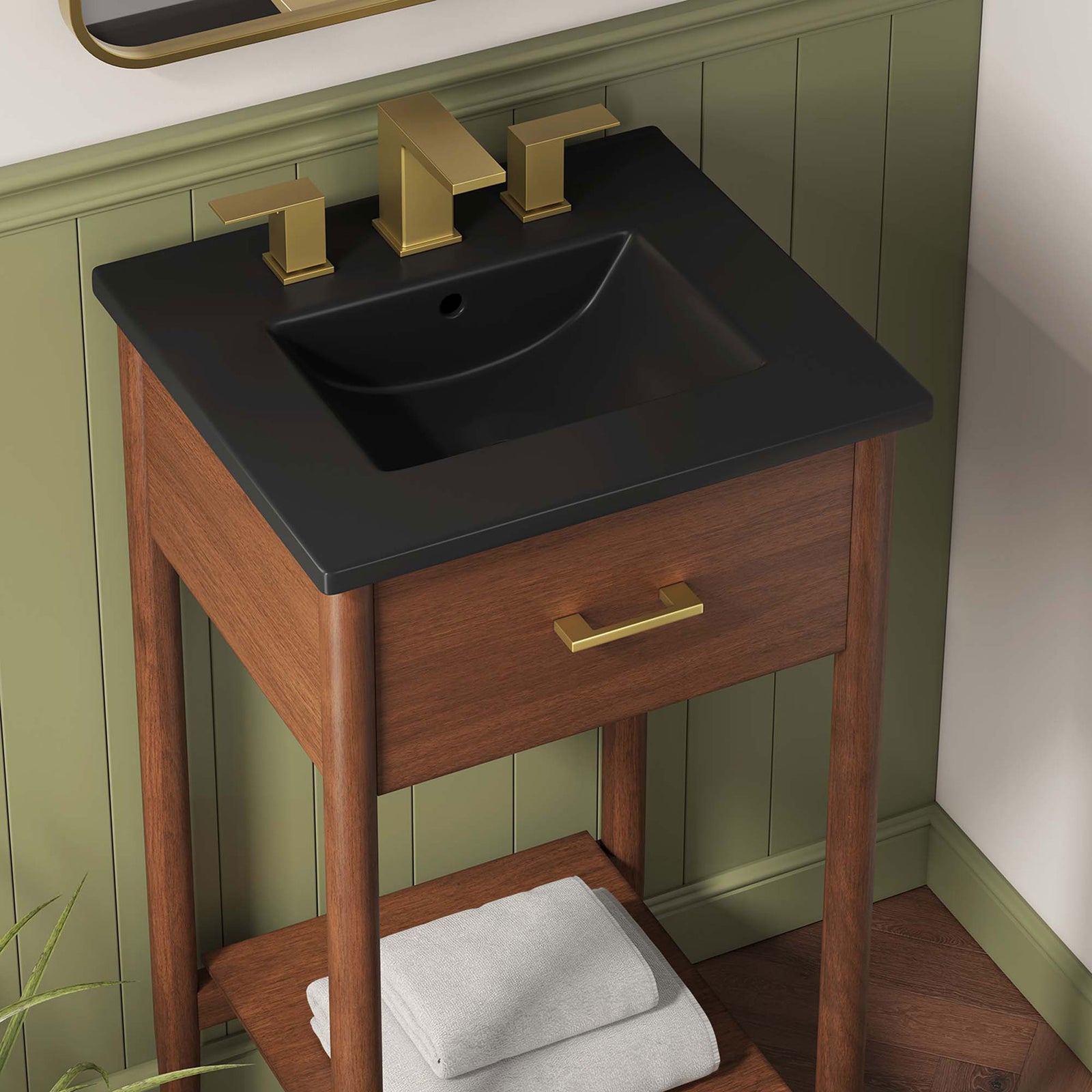 Black basin and walnut finish create a striking contrast with a convenient brass pull within easy reach. || EEI-6659-WAL-BLK || detail_room