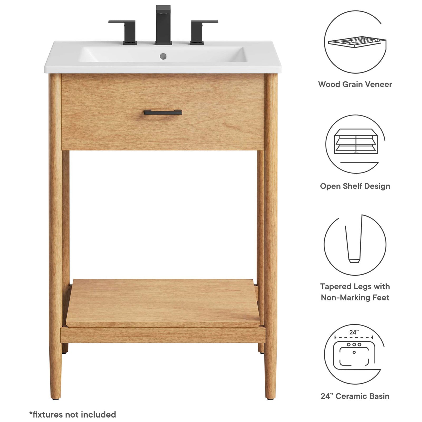 Features include wood grain veneer, open shelf design, tapered legs, and a 24 in ceramic basin. || EEI-6660-NAT-WHI || callout_studio