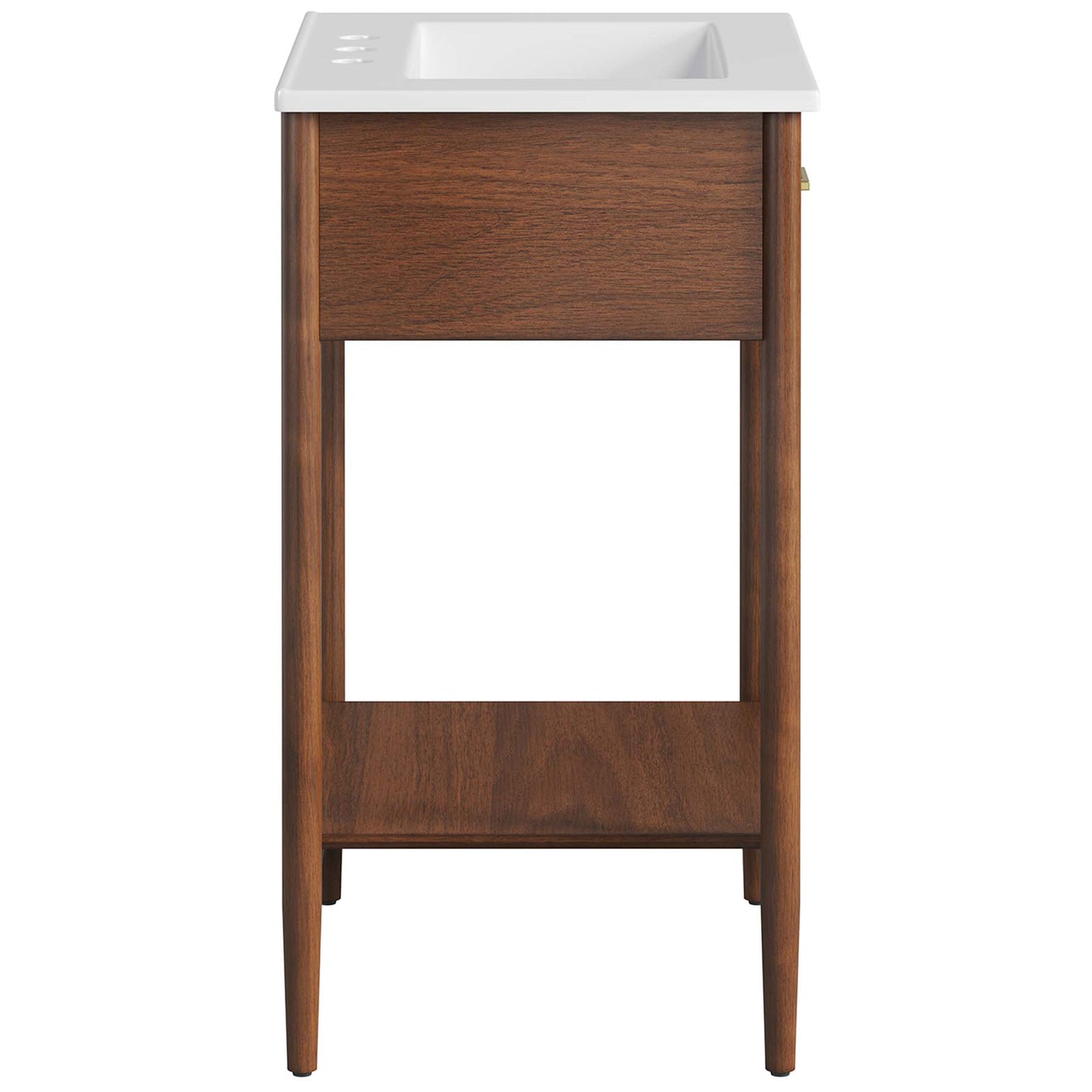 Sturdy side panels and slim legs support the integrated ceramic sink and open storage shelf || EEI-6660-WAL-WHI || side_studio