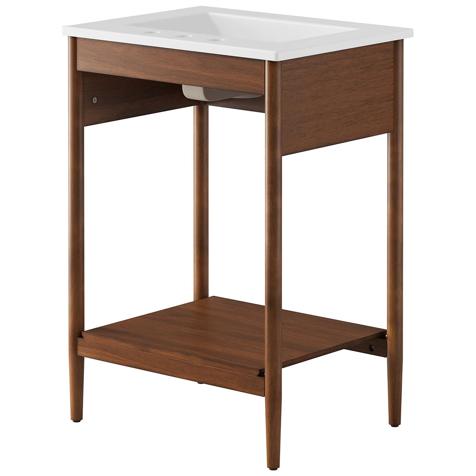 Rear access cutout and roomy lower shelf in a wood grain vanity frame || EEI-6660-WAL-WHI || back_angle_studio
