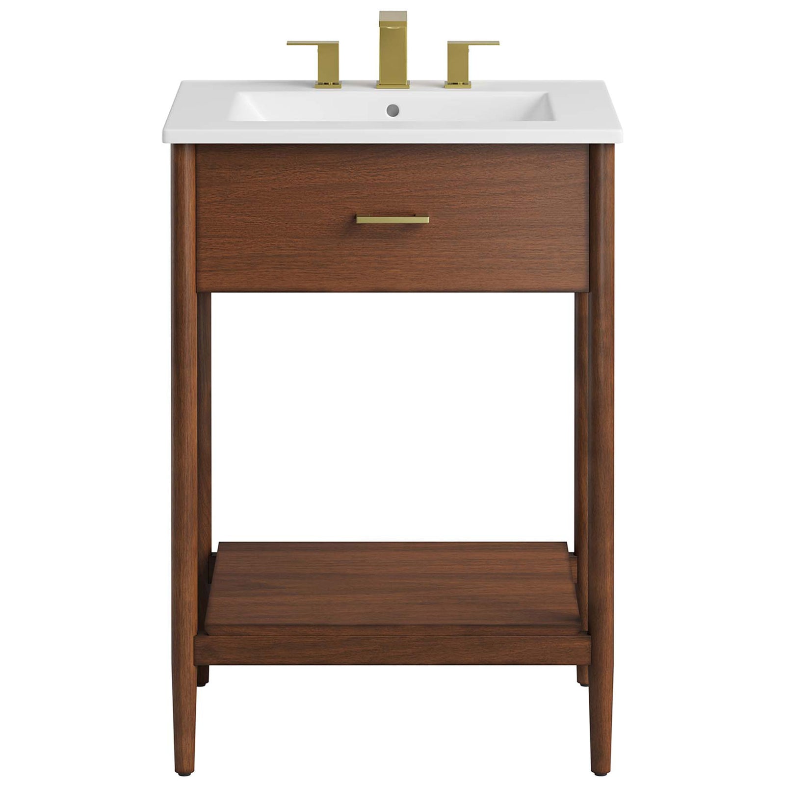 Modern vanity with ceramic basin and brass faucet shown, featuring fixed drawer and open shelf || EEI-6660-WAL-WHI || front_studio