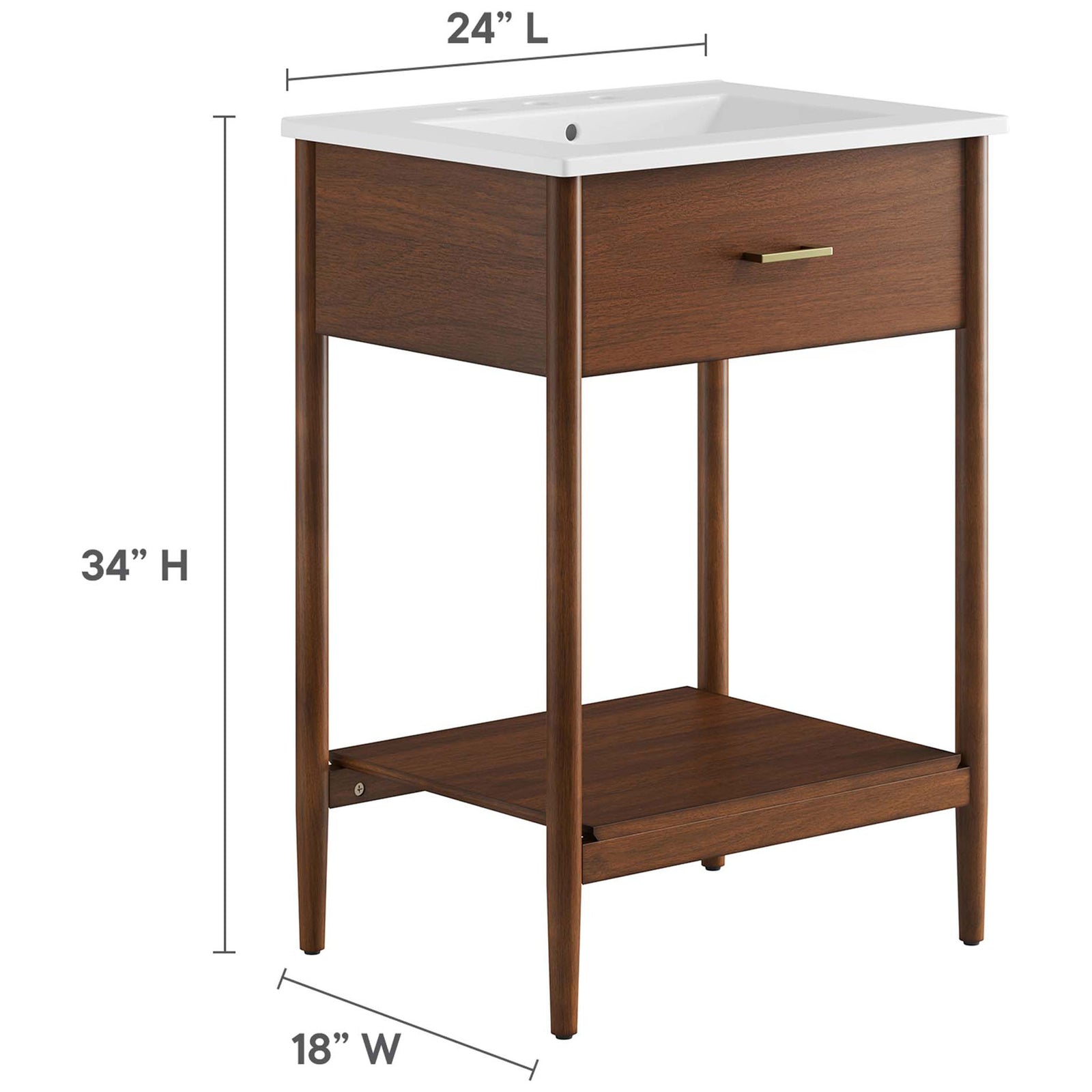 Size details displayed with 24 inch length, 18 inch width, and 34 inch height || EEI-6660-WAL-WHI || dimension_studio