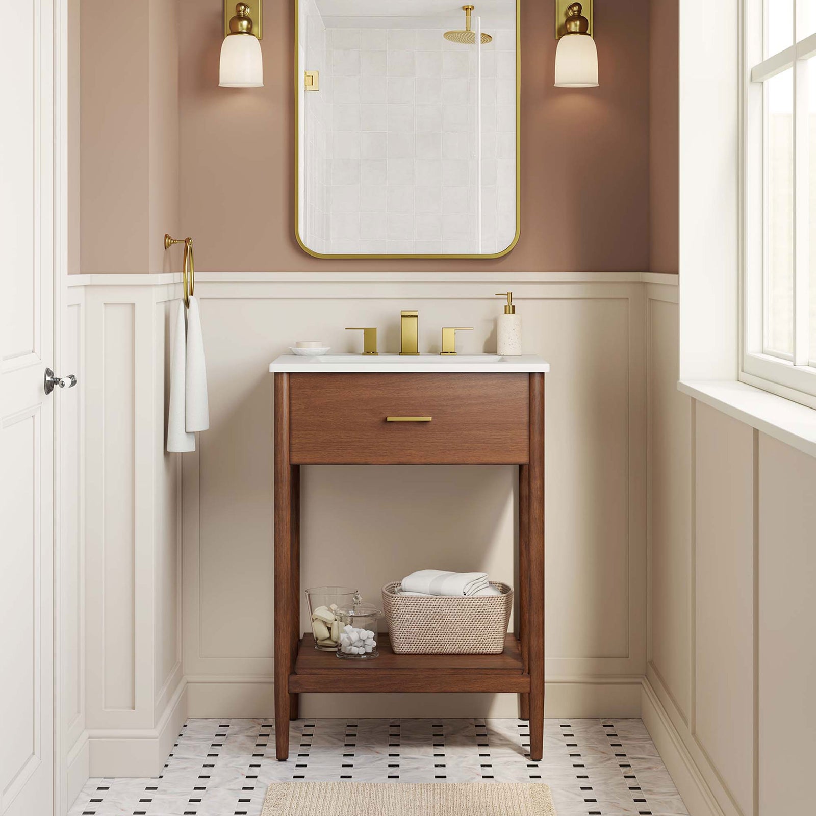 Warm walnut vanity with open lower shelf and crisp white top styled in a classic bathroom || EEI-6660-WAL-WHI || front_room