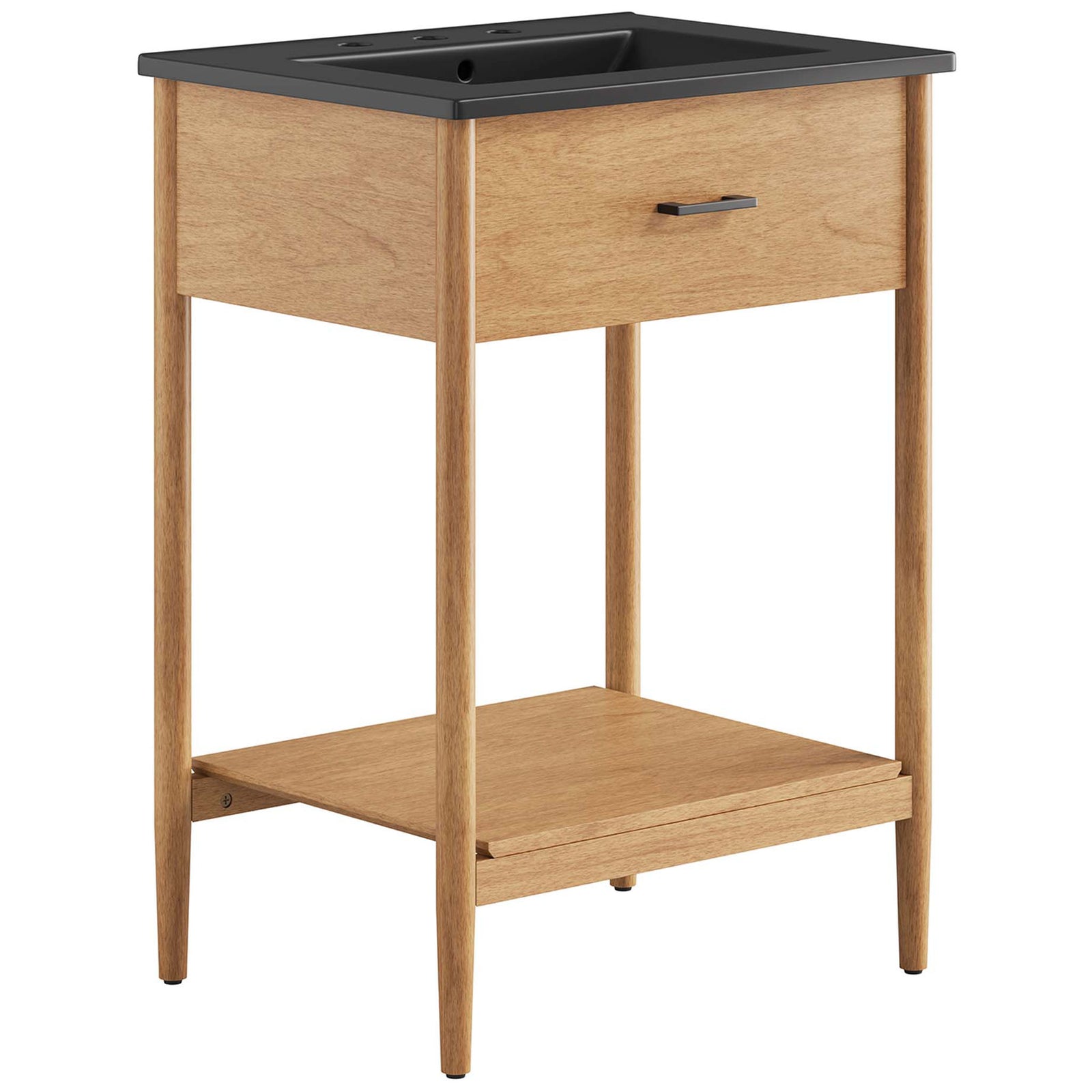 Spacious natural wood vanity with black ceramic sink, fixed drawer, and open shelf. || EEI-6661-NAT-BLK || front_angle_studio