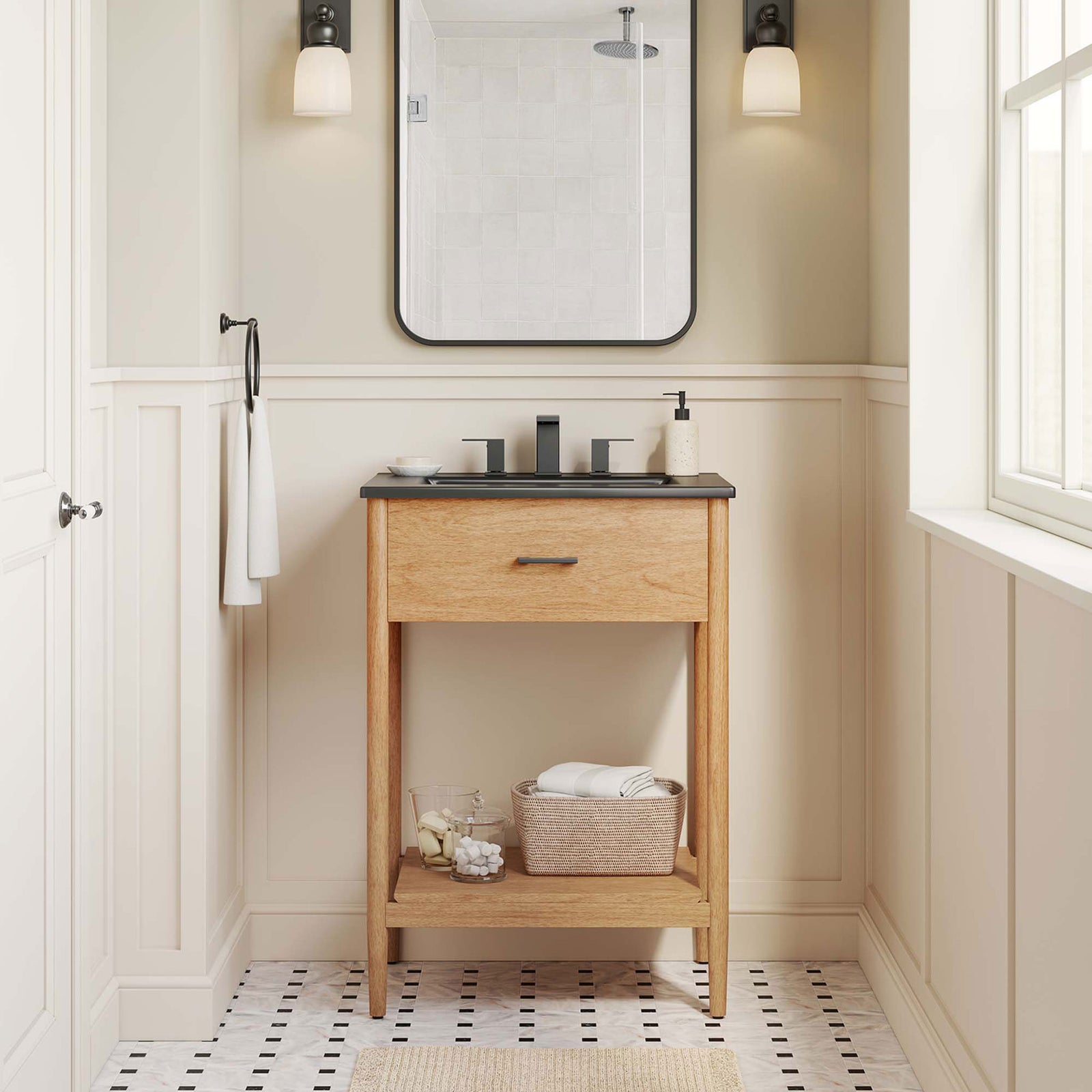 In a bright bath, the vanity elevates the space with warm wood and a black ceramic sink. || EEI-6661-NAT-BLK || front_room