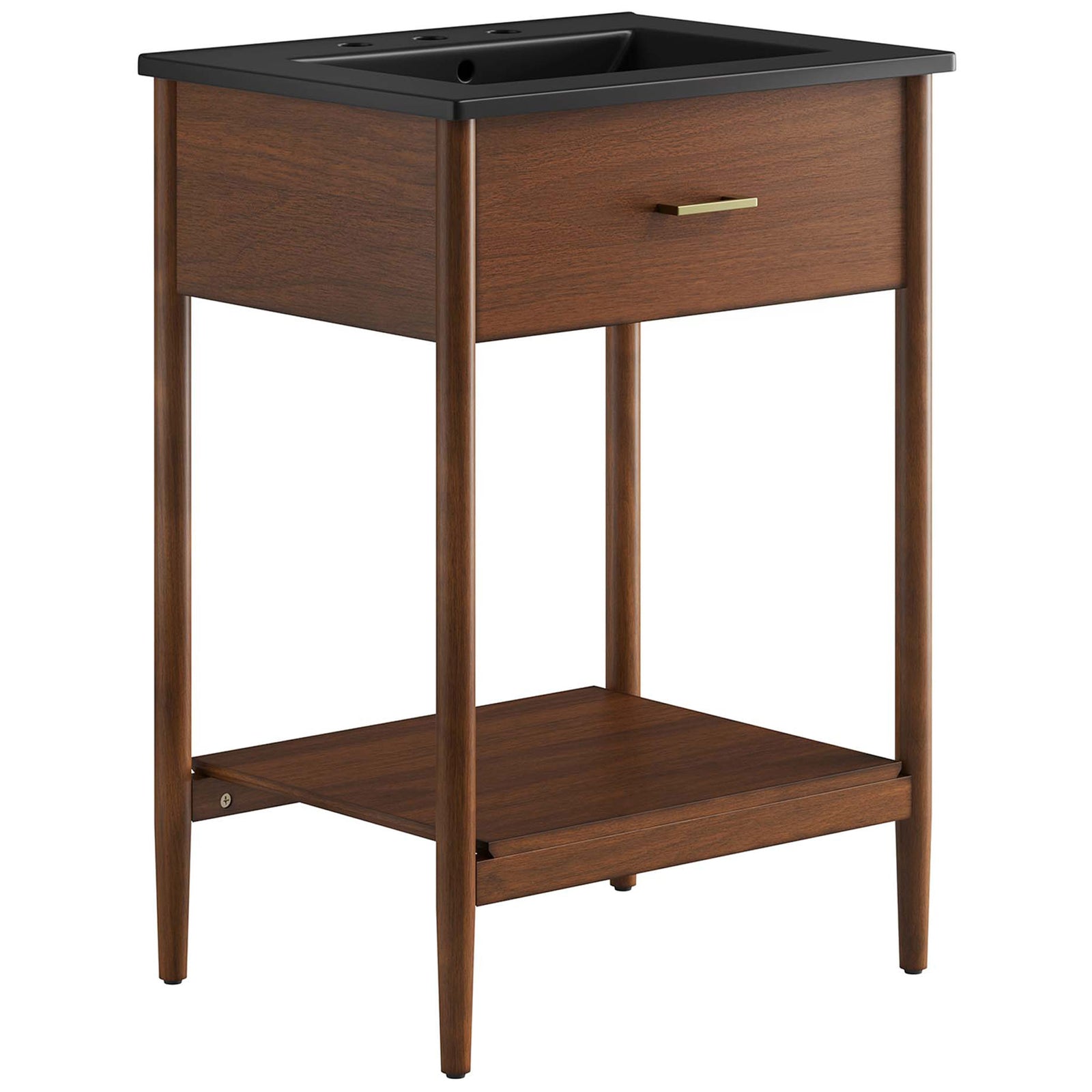 Roomy 24-inch walnut vanity with black ceramic basin, brass pull, and an open shelf on tapered legs. || EEI-6661-WAL-BLK || front_angle_studio