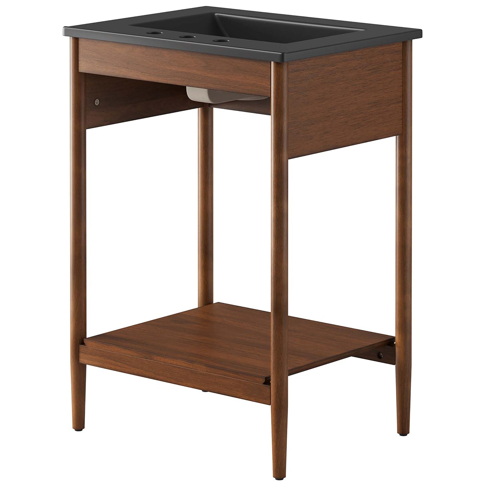 Clean lines showcase the rich wood grain, deep black basin, and open lower shelf. || EEI-6661-WAL-BLK || back_angle_studio