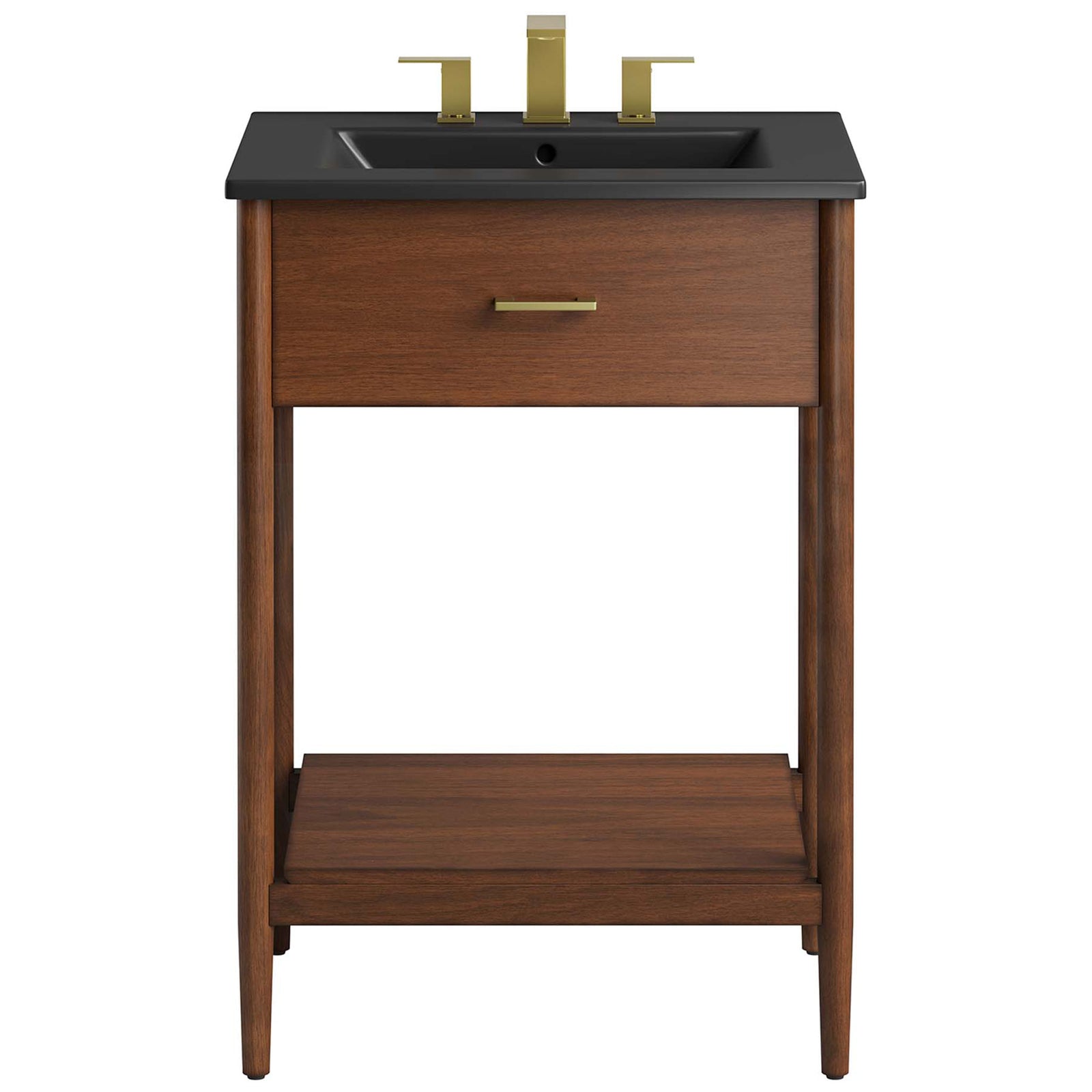 Wide 24-inch vanity pairs a black ceramic basin with a sleek brass handle for mid-century appeal. || EEI-6661-WAL-BLK || front_studio