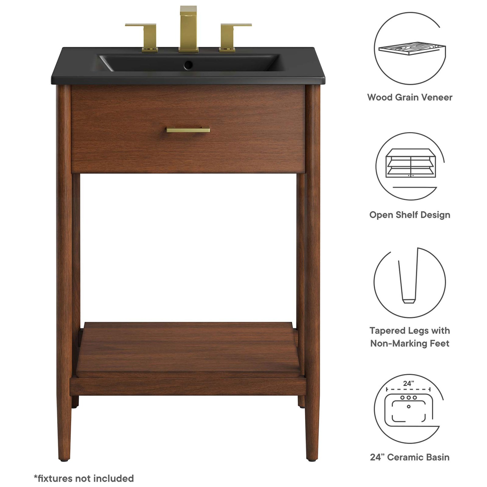 Highlights include wood grain veneer, open shelf storage, tapered legs, and a 24-inch ceramic basin. || EEI-6661-WAL-BLK || callout_studio