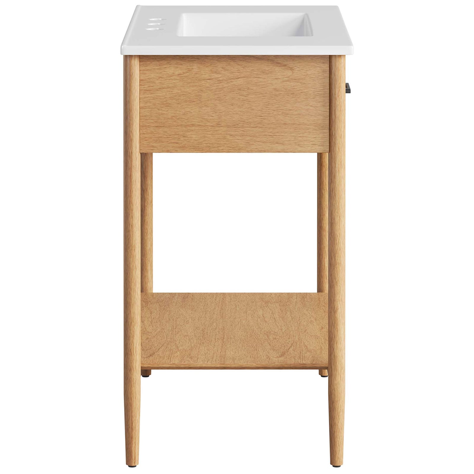 Slim profile vanity with tapered legs and a clean ceramic countertop. || EEI-6662-NAT-WHI || side_studio