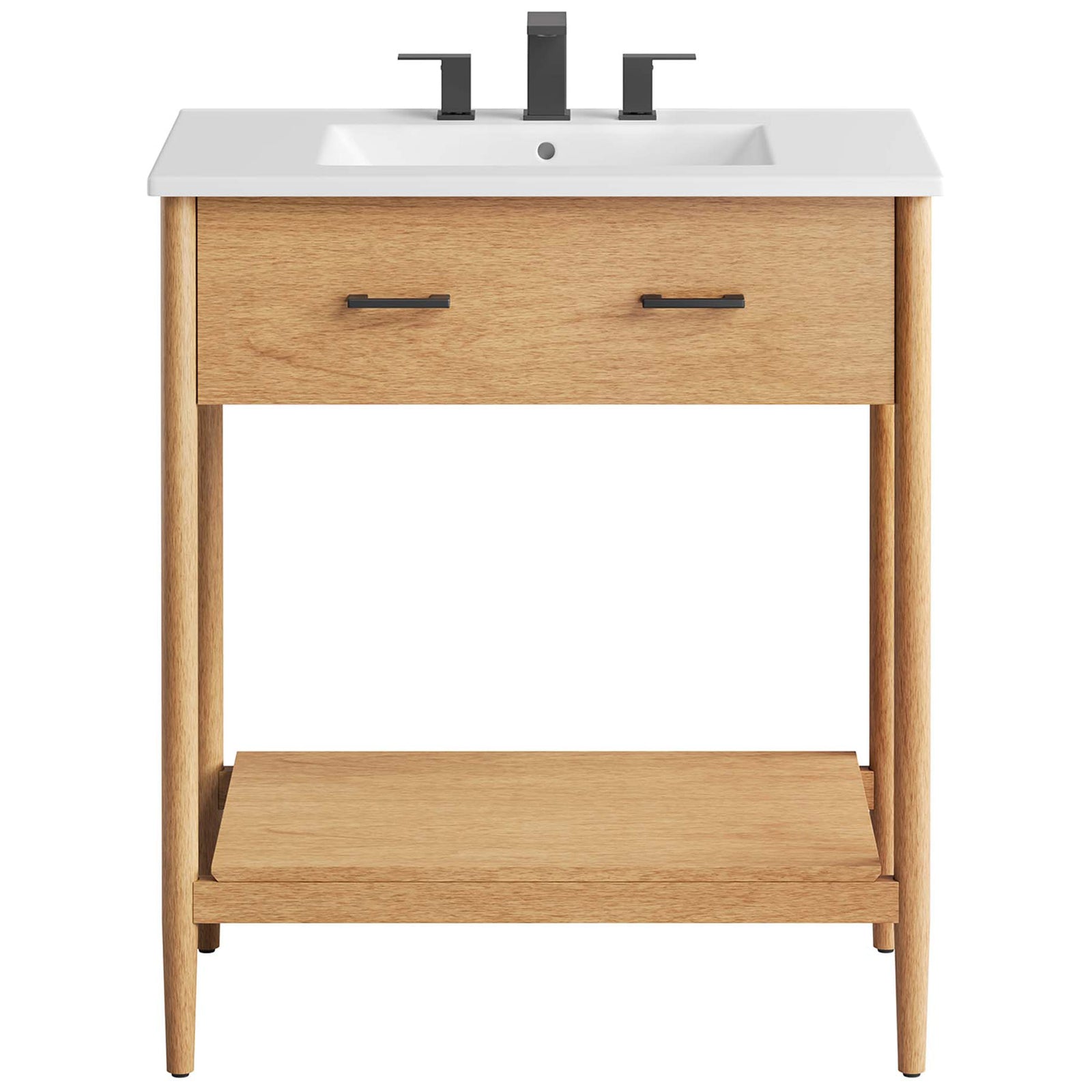 Clean-lined vanity with a sleek integrated basin and matte black hardware accents. || EEI-6662-NAT-WHI || front_studio