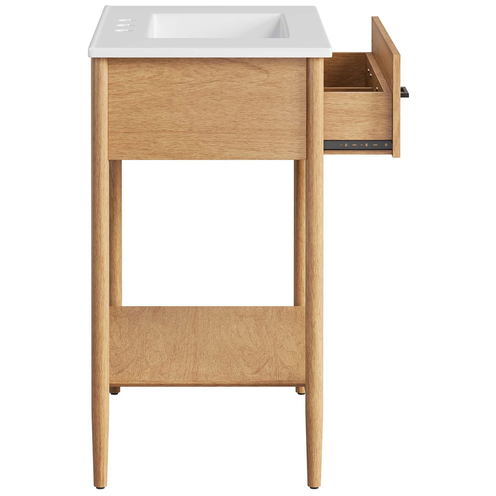Smooth-glide drawer opens to reveal divided storage for bathroom essentials. || EEI-6662-NAT-WHI || side_open_studio