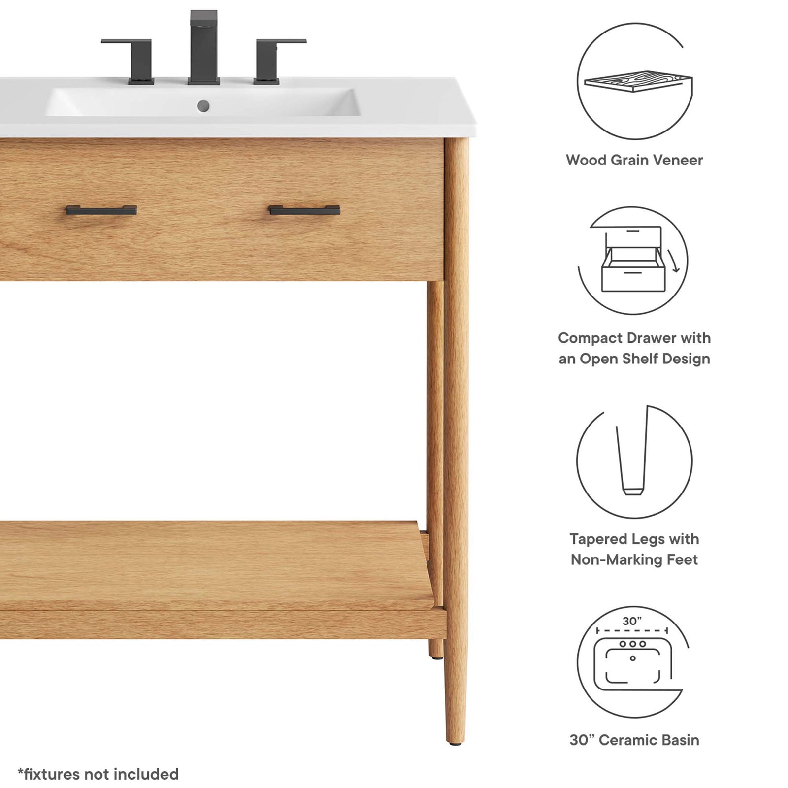 Key features: wood grain veneer, compact drawer, open shelf, tapered legs, ceramic basin. || EEI-6662-NAT-WHI || callout_studio