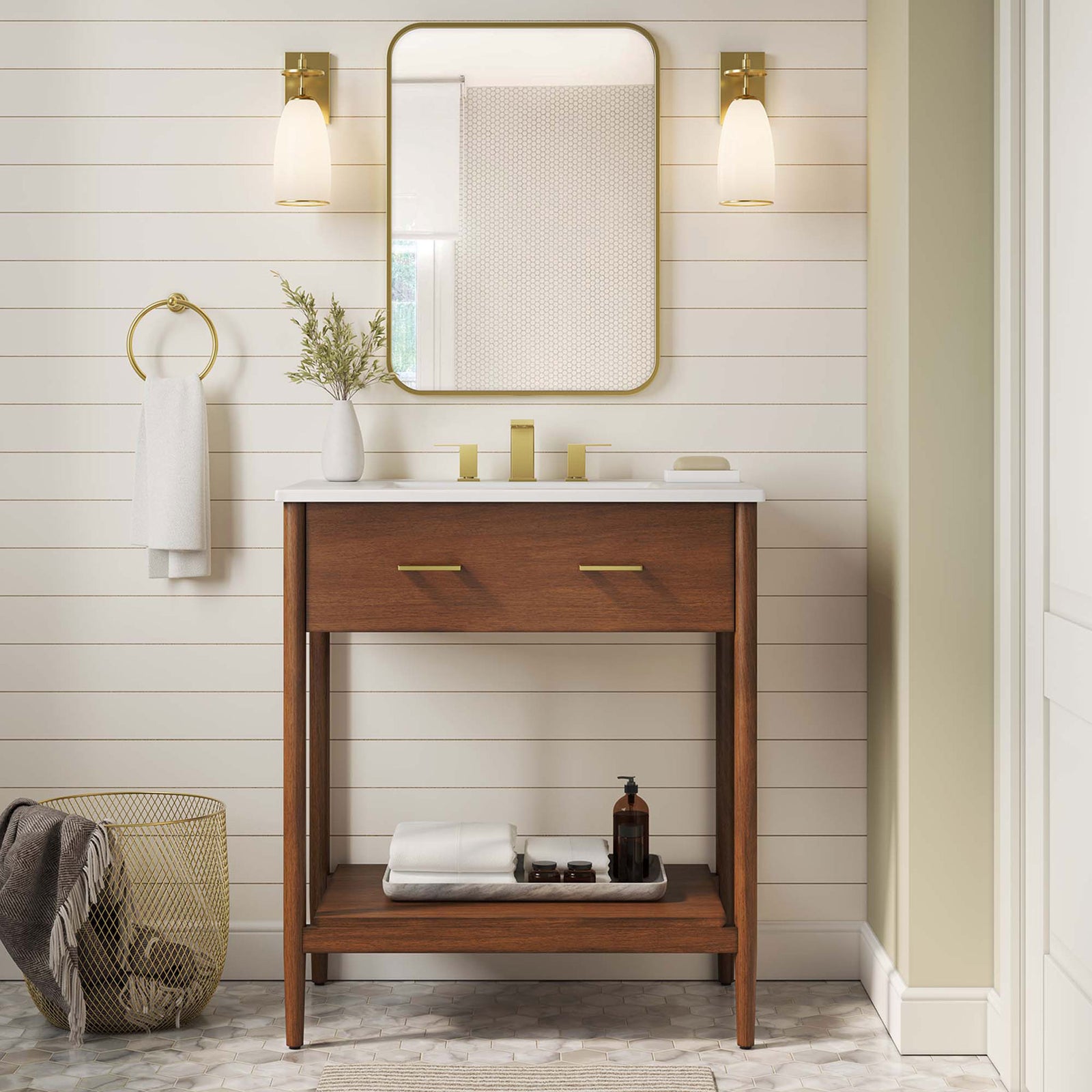 Warm walnut vanity with white top anchors a serene bathroom vignette. || EEI-6662-WAL-WHI || front_room