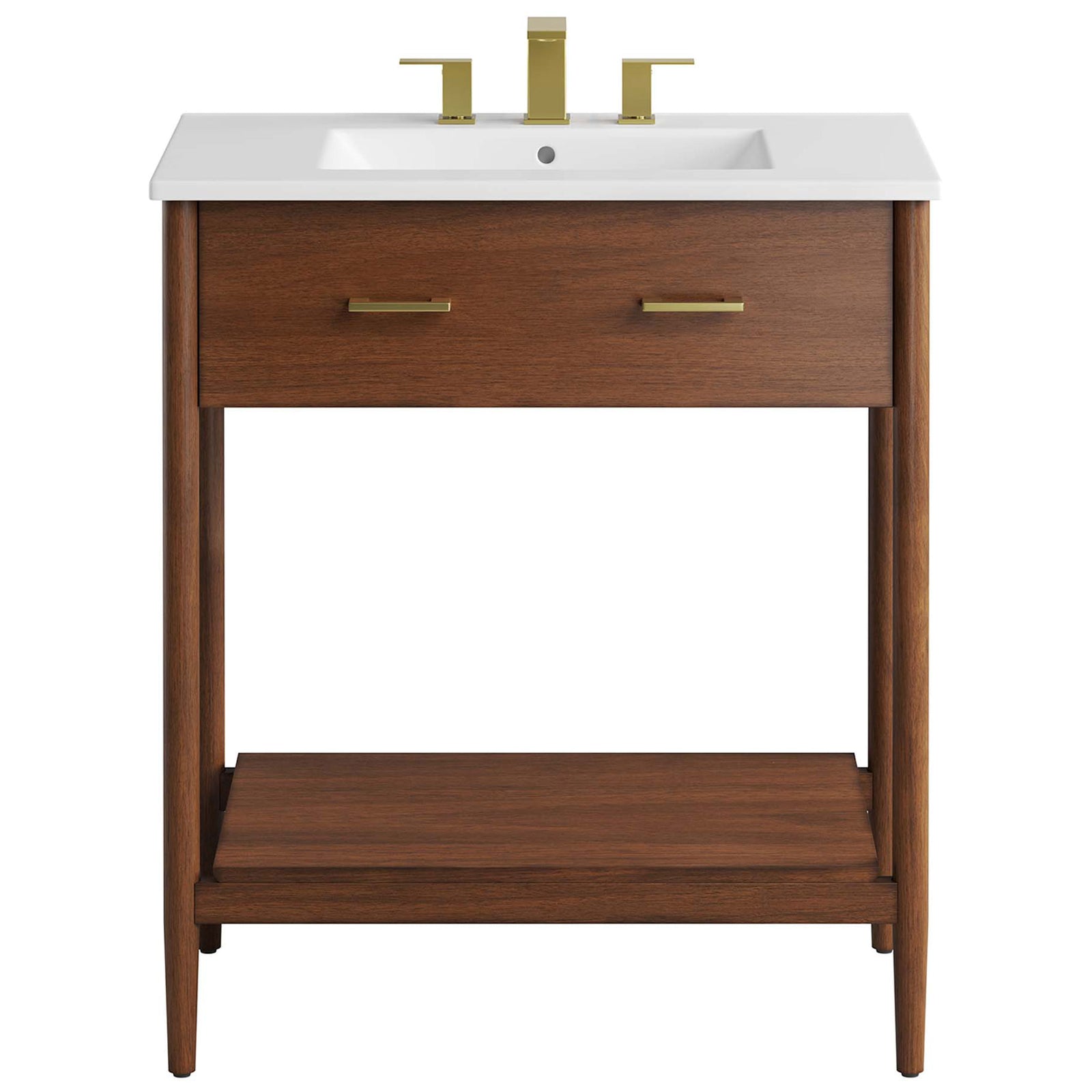Polished brass accents pop against walnut frame and white sink for a refined, modern vanity. || EEI-6662-WAL-WHI || front_studio