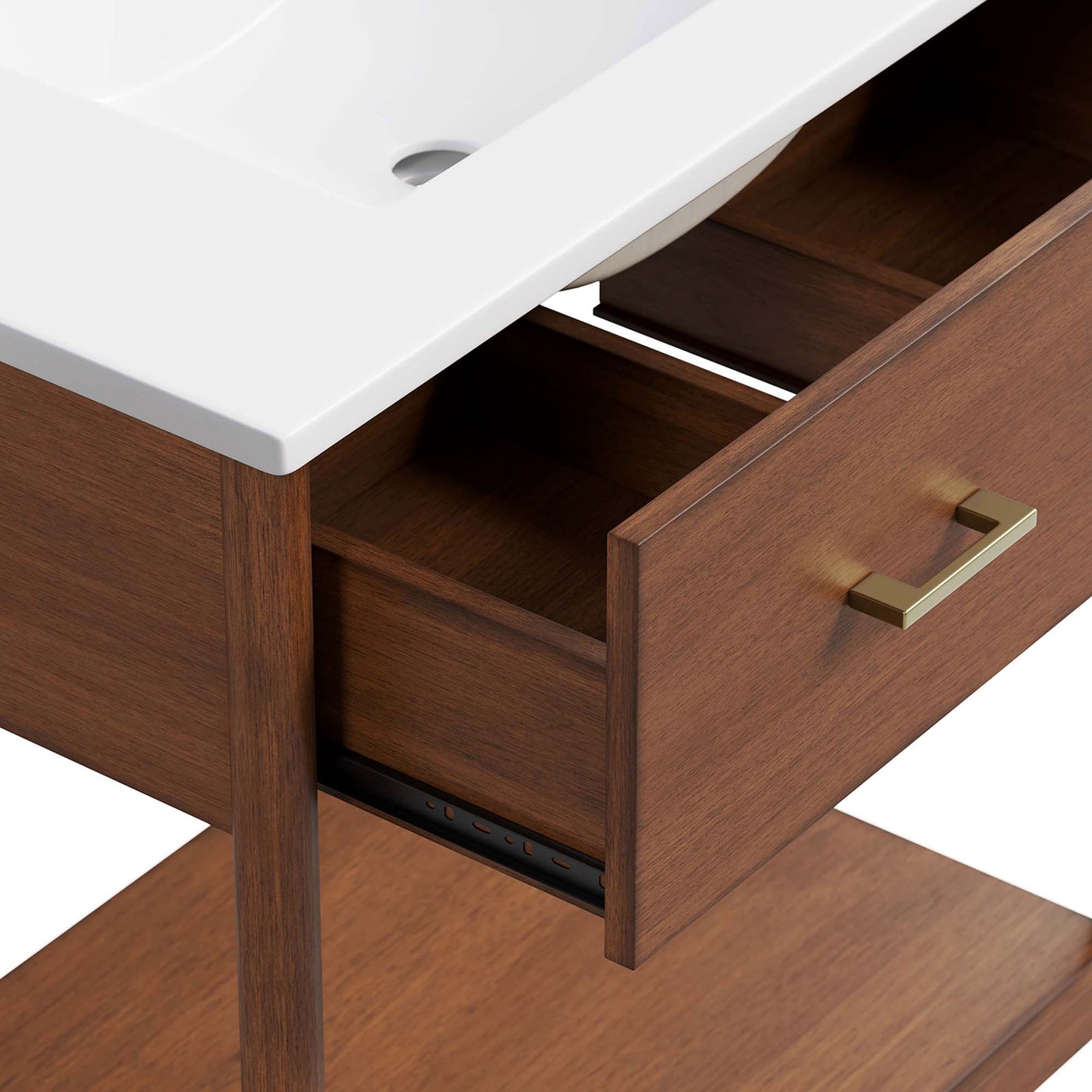 Close-up of wood drawer with brass handle and smooth-glide hardware beneath the ceramic top. || EEI-6662-WAL-WHI || detail_studio