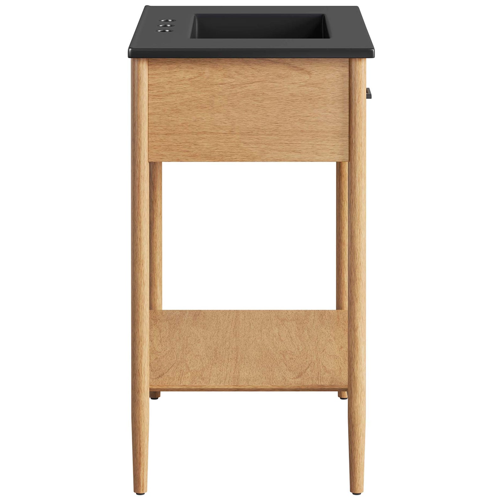 Streamlined side profile with slim drawer, open lower shelf, and slender tapered legs || EEI-6663-NAT-BLK || side_studio