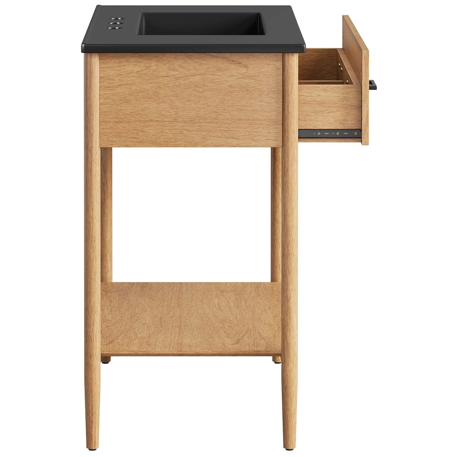 Full-extension drawer glides open to reveal divided storage beneath the integrated black basin || EEI-6663-NAT-BLK || side_open_studio