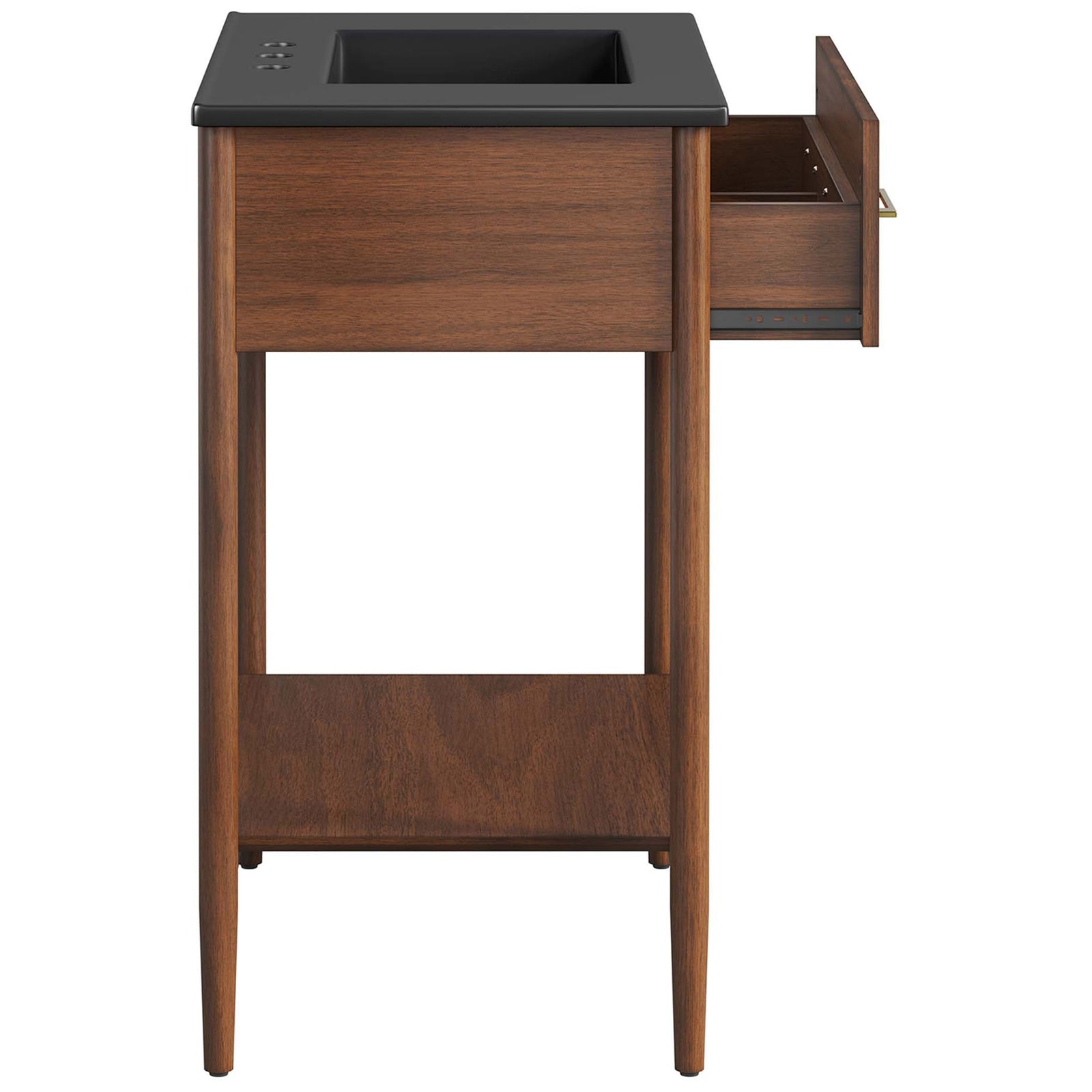 Easy-access drawer with divided compartments keeps bath essentials organized above the open shelf || EEI-6663-WAL-BLK || side_open_studio