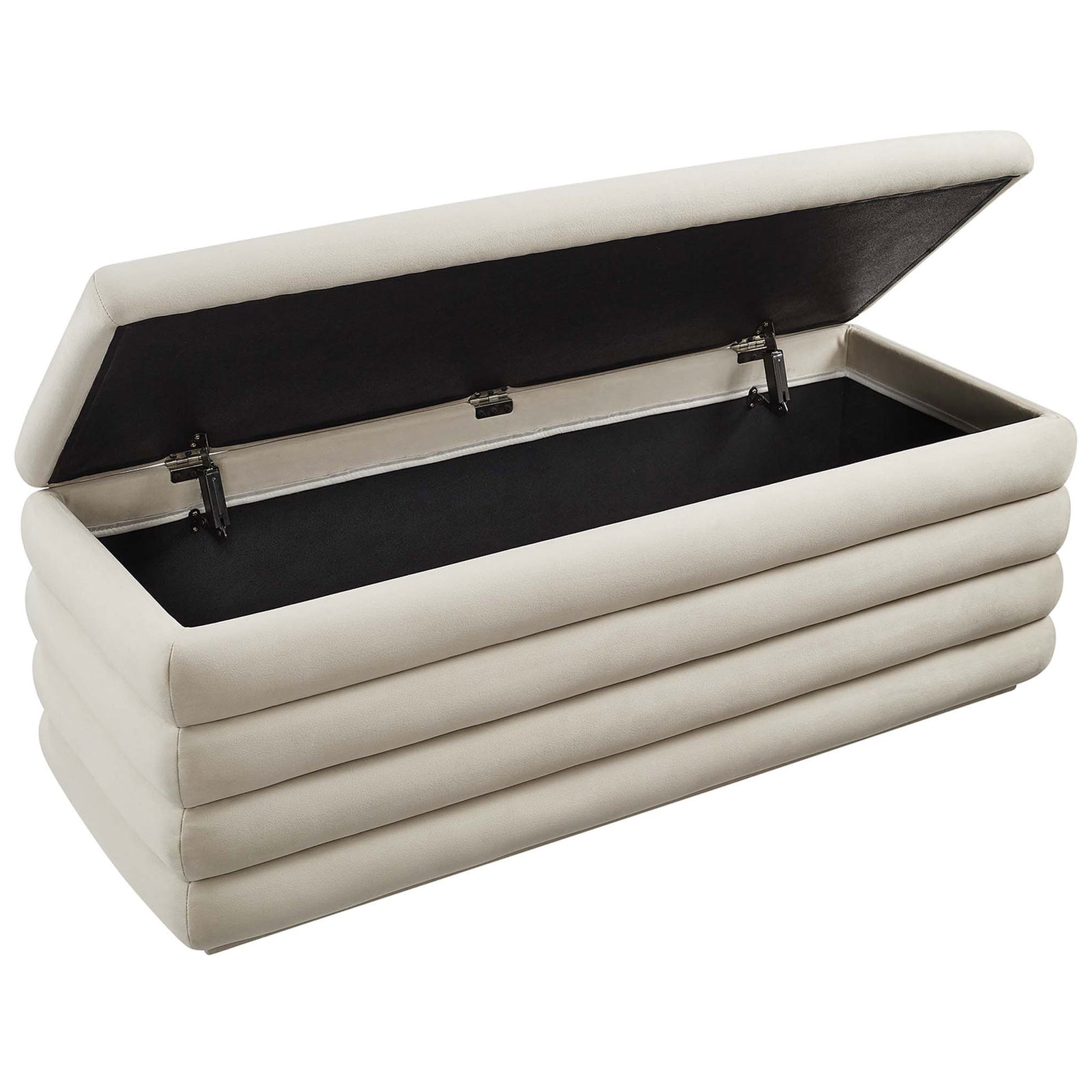 Stay-open lid reveals a spacious, fabric-lined compartment for blankets and more. || EEI-6664-ALM || front_angle_open_studio