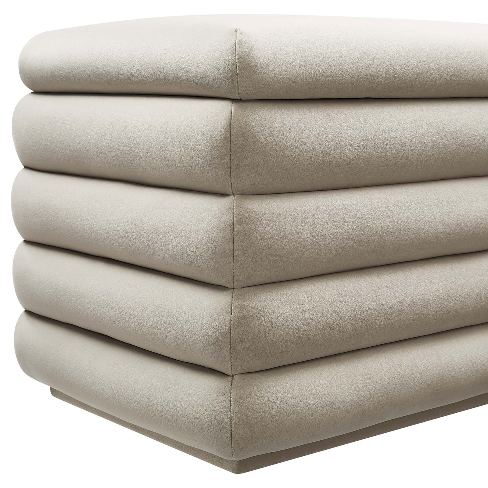 Close-up of plush channel tufting and tailored corner in smooth performance velvet. || EEI-6664-ALM || corner_studio