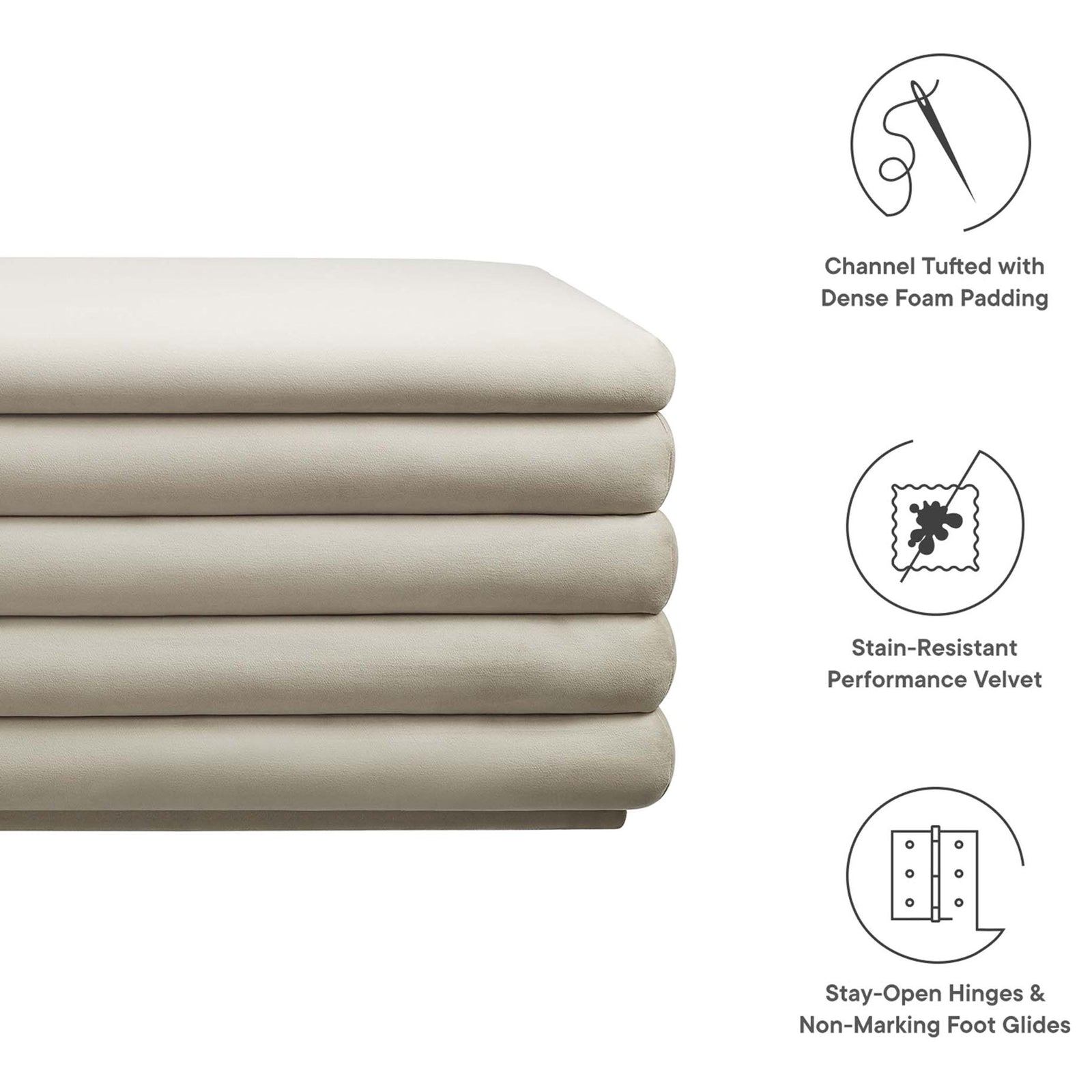 Dense foam comfort, stain-resistant performance velvet, and stay-open hinges with floor-safe glides. || EEI-6664-ALM || callout_studio