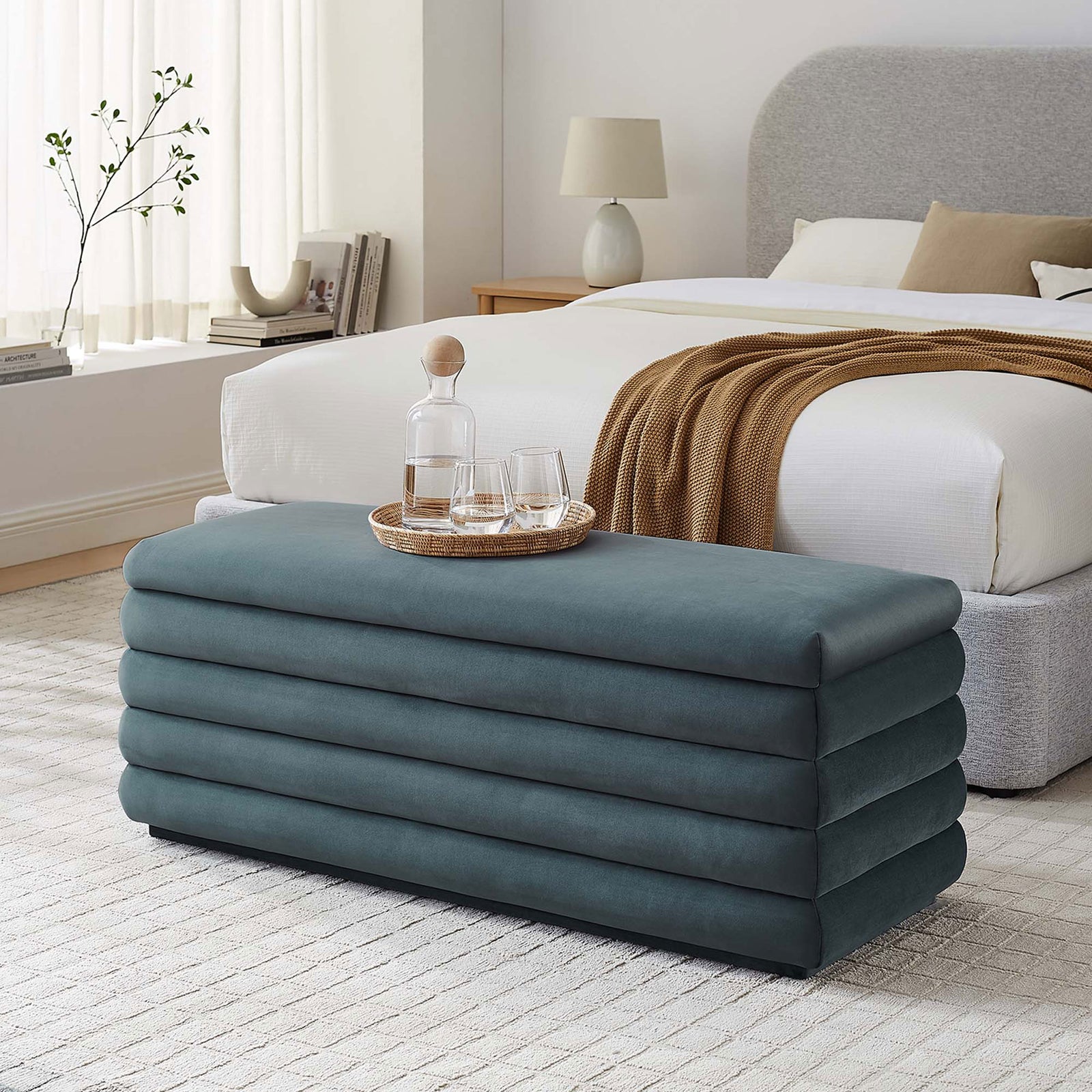 Cadet blue velvet adds cozy color while concealed storage keeps clutter out of sight. || EEI-6664-CAB || front_angle_room